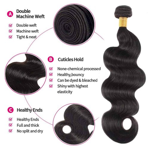 Body Wave Bundles Human Hair 14 16 18 Inch Human Hair 3 Bundles 100% Unprocessed Brazilian Raw Weave Bundle Human Hair Extensions for Black Women Natural Color