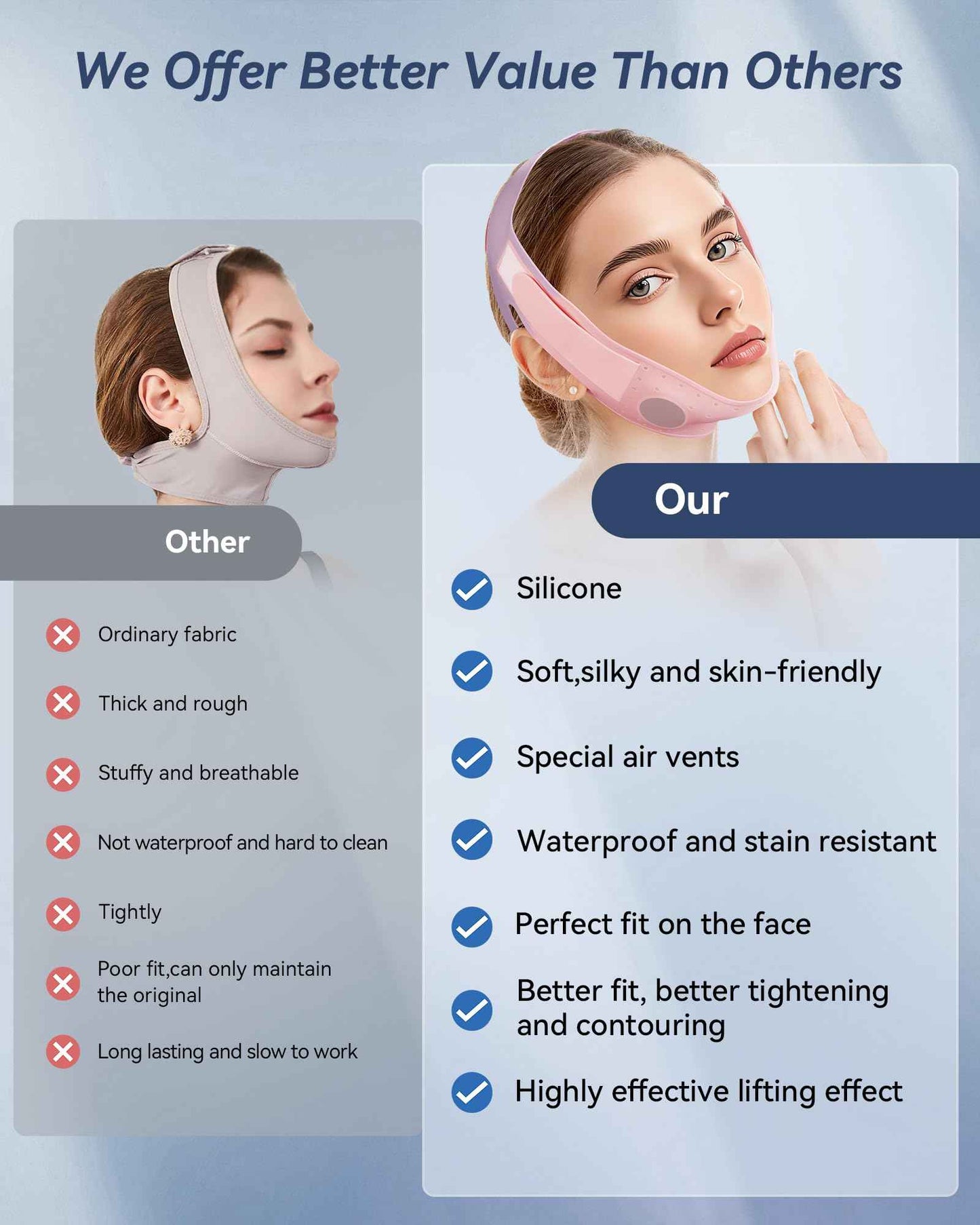 V-Line Sculpting Face Mask – Silicone Chin Strap for Jawline Tightening & Double Chin Reduction (23-27 Inches) (BLUSH)