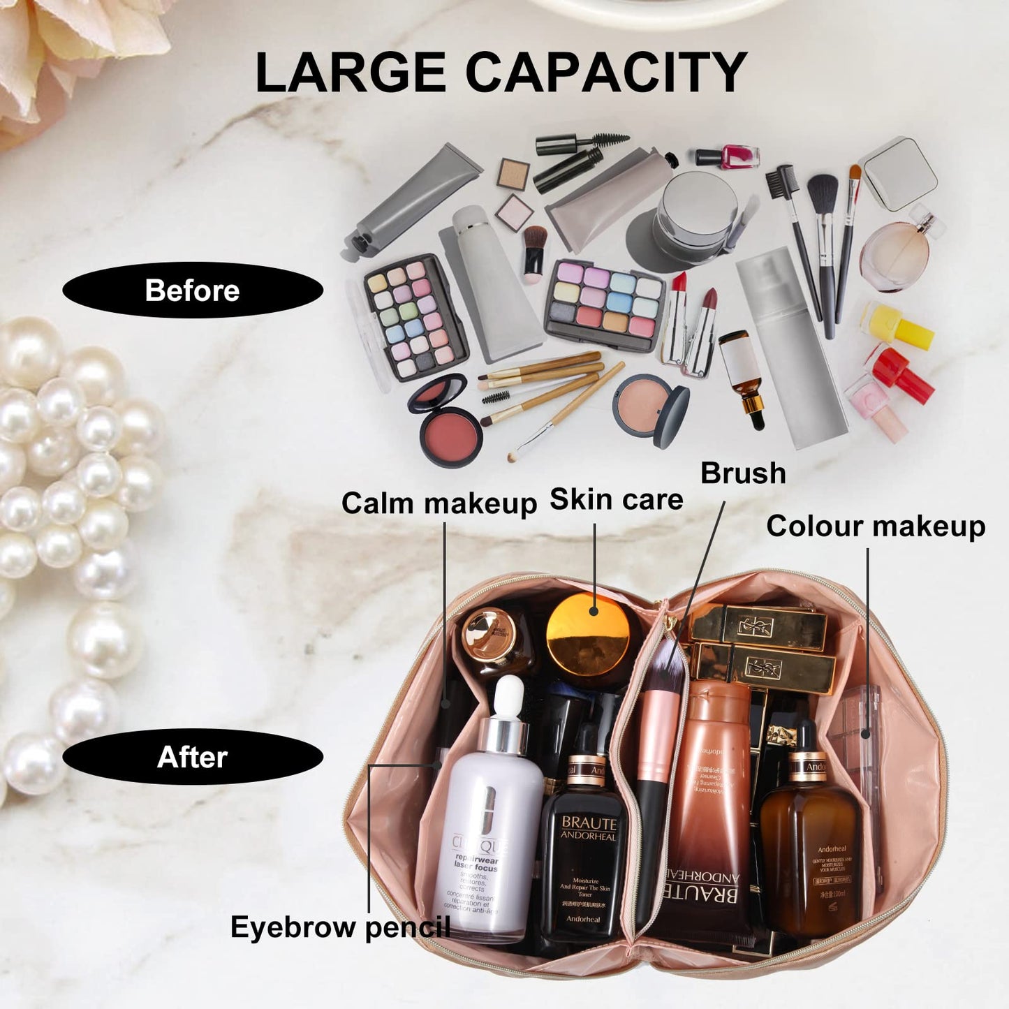 Makeup Bag,Large Capacity Travel Cosmetic Bag for Women, Multifunctional Open Flat Toiletry Bag with Handle,Washable Waterproof Beauty Zipper Makeup Organizer (Leather, gold Large)