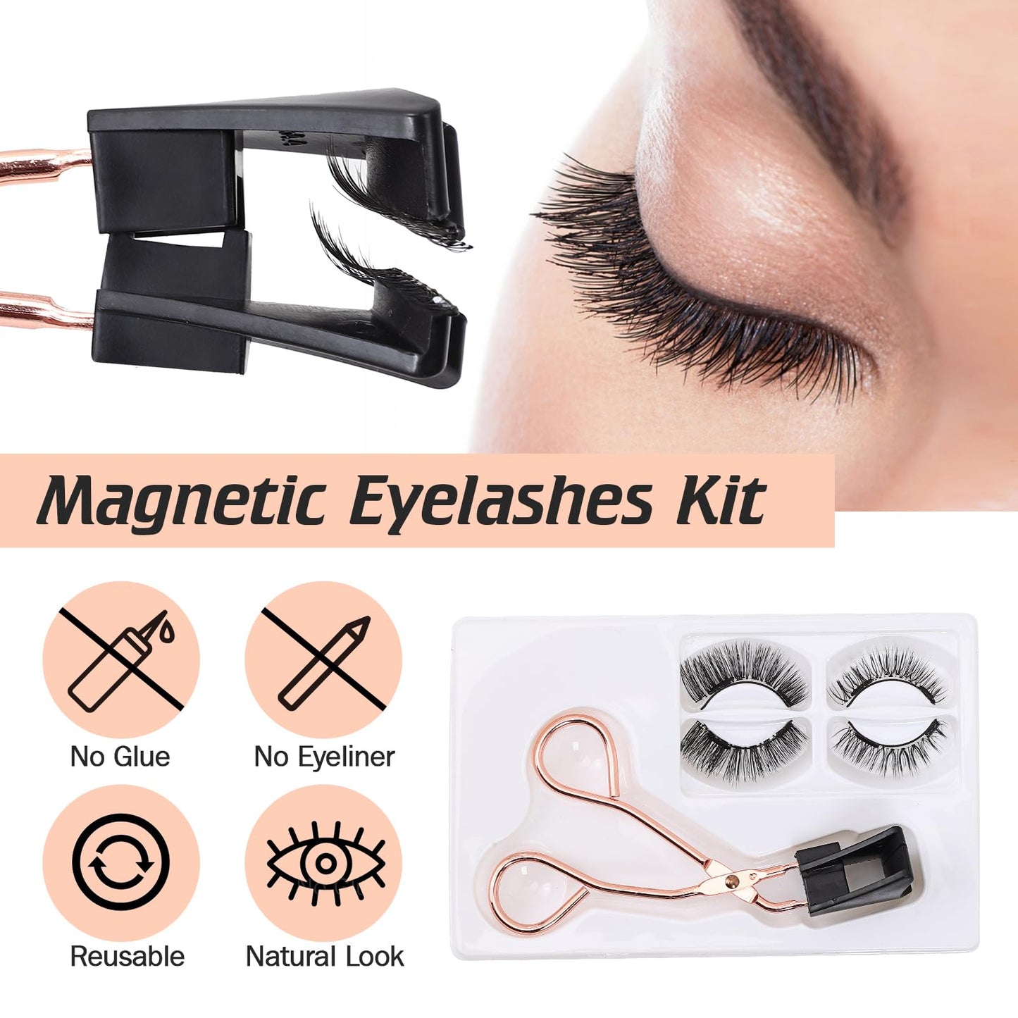 Natural Look Magnetic Eyelashes Kit - Reusable Dual Magnetic Lashes, No Glue or Eyeliner Needed, Comes with Applicator and 2 Pairs of False Eyelashes