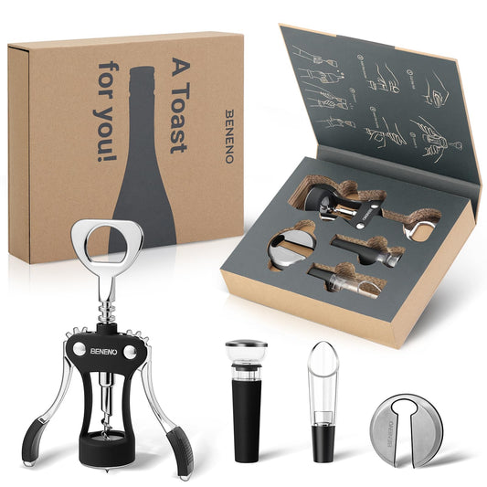 Wine Opener Gift Set Premium Wing Corkscrew Wine Bottle Opener with Multifunctional Bottles Opener, Wine Foil Cutter, Wine Vacuum Stopper, Wine Aerator Pourer Upgrade for Wine Lovers Man Woman, Black