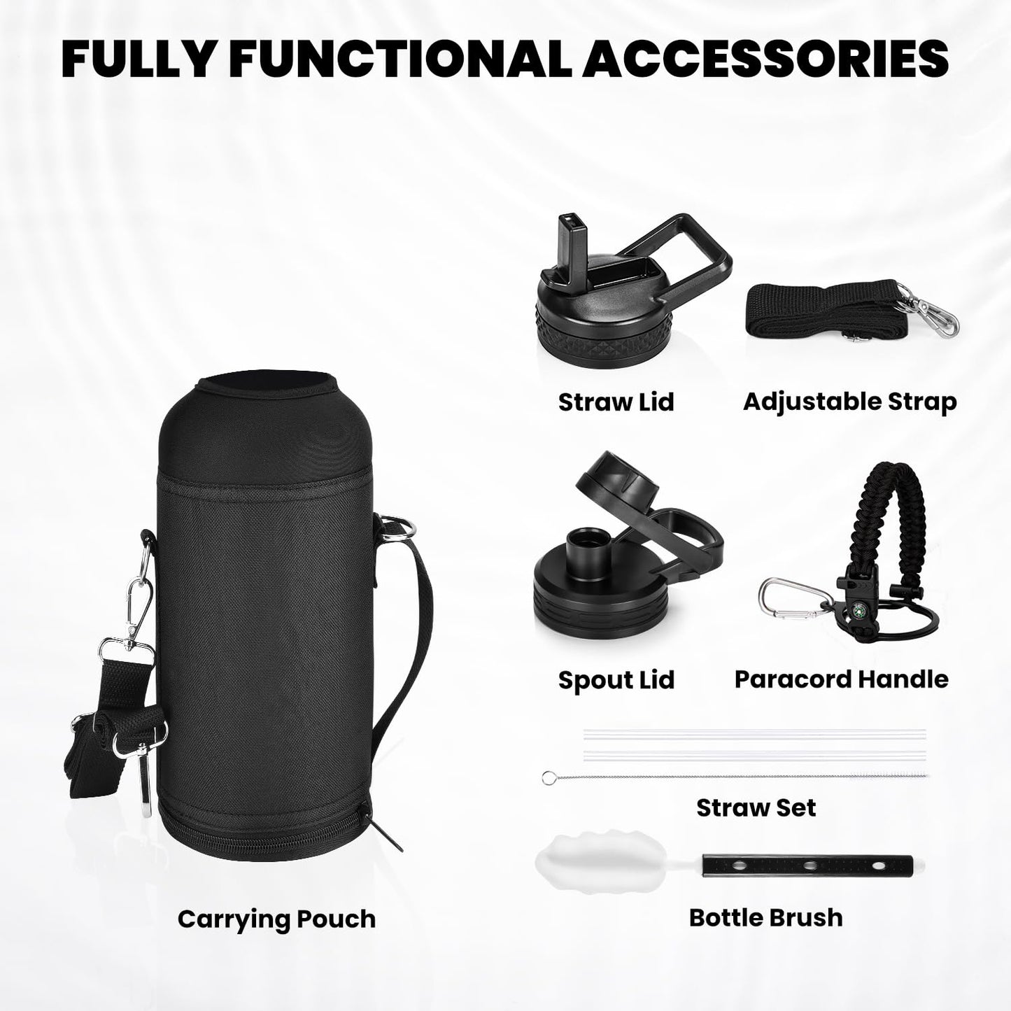 RAYMYLO Insulated Water Bottle 32 oz, Triple Wall Vacuum Stainless Steel (Cold for 48 Hrs), Leak Proof & Non-BPA, Modern Water Flask Jug with Paracord Handle & Straw Spout Lids, Magic Black