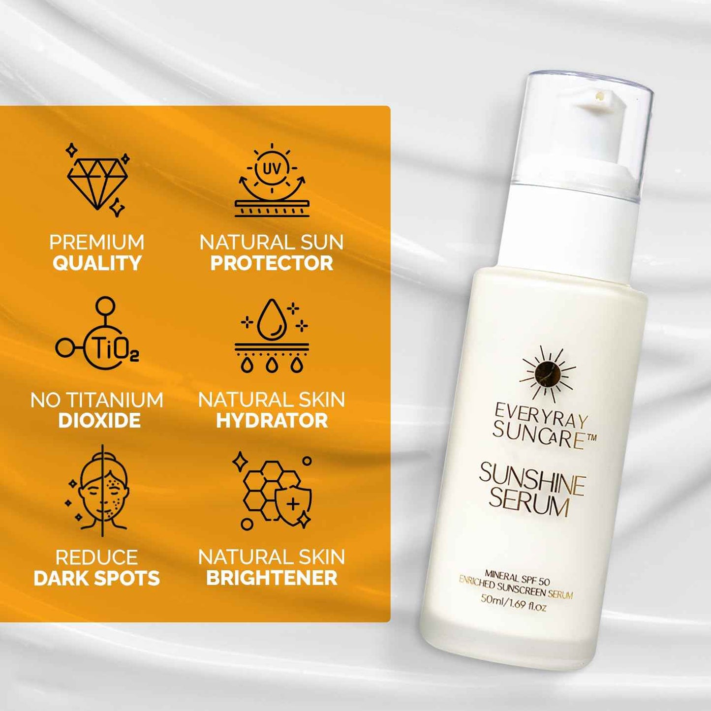 EveryRay Suncare - Sunshine Serum - Enriched Mineral Suncreen Serum - 1.69 fl oz - SPF 50 with skin hydrating squalane and Vitamin C - For All Skin Types and Skin Tones