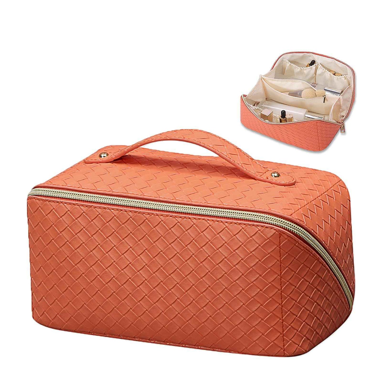 BAKLUCK Large Capacity Travel Cosmetic Bag with Compartment - Waterproof PU Leather Portable Checkered Makeup Organizer Bag for Women and Girls - Orange
