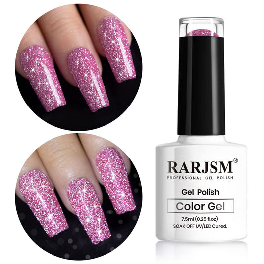 RARJSM Reflective Glitter Gel Polish Rose Pink Sparkle Rainbow Shimmer Gel Nail Polish Holographic 7.5ml Soak Off LED UV Bright Disco Diamond Nail Gel Polish Nail Art Manicure Salon DIY Home