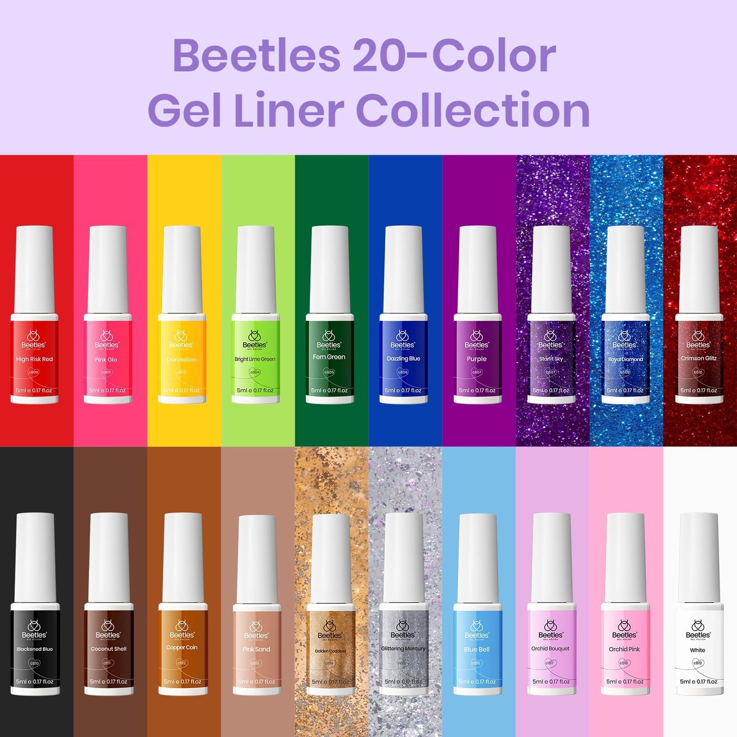 beetles Gel Polish Nail Art Gel Liner Nail Polish Set- 20 Colors Liner Gel Polish Pink Blue White Red Brown Glitter Gel Nail polish Soak Off UV Gel Built Thin Nail Brush in Bottle Gifts for Women