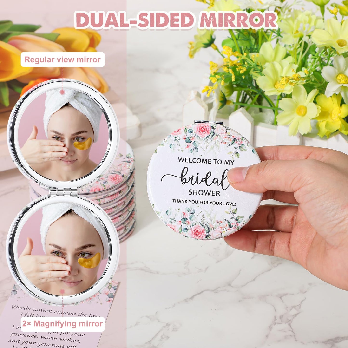 XunYee 24 Sets Bridal Shower Favors for Guests Flower Design Makeup Mirrors Leather Compact Mirrors Bridal Thank You Cards with Organza Bags Bridesmaid Gifts Wedding Party Favors Supplies