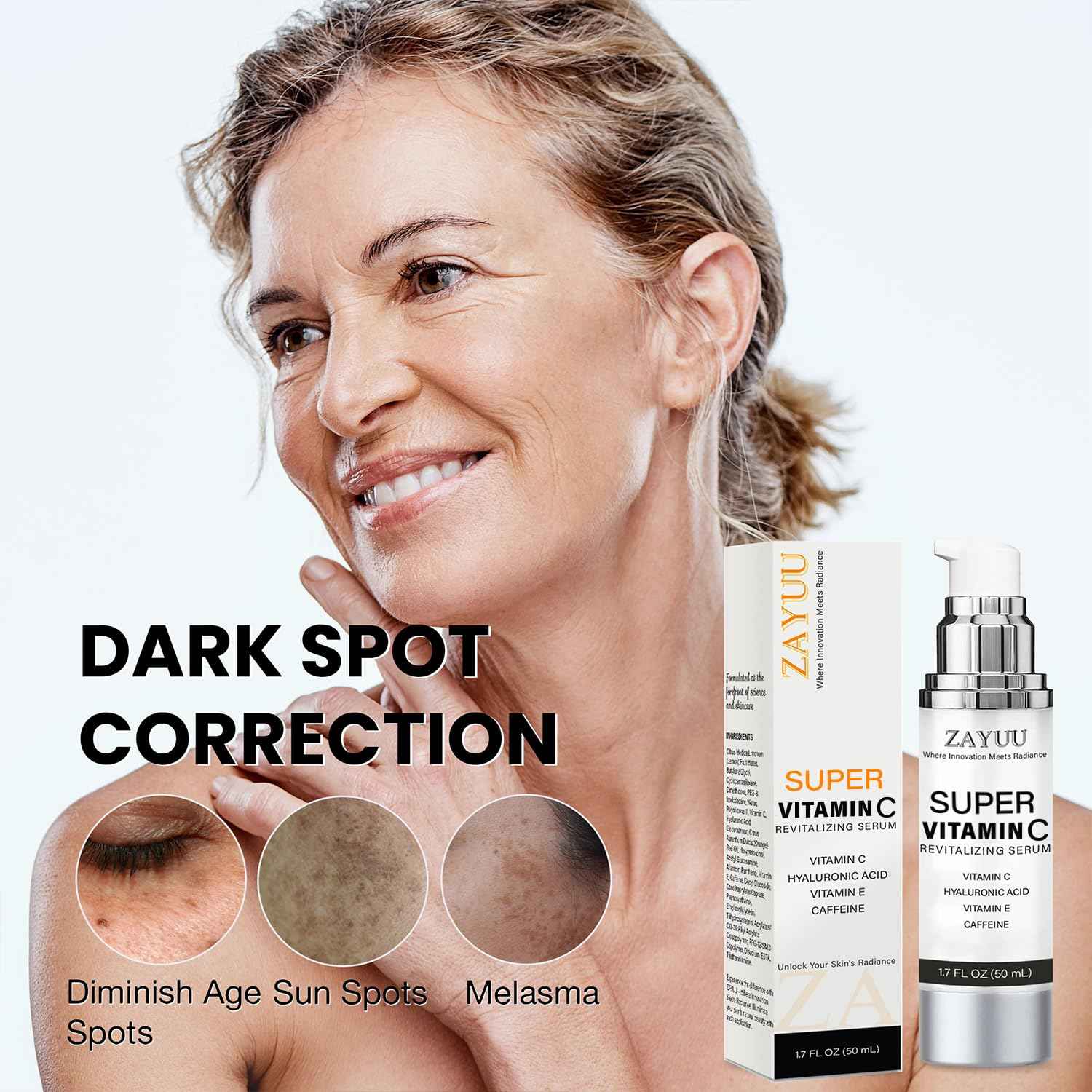 Super Vitamin C Face Serum for Mature Skin: All-In-One Hydrating Anti-Aging Formula - Vitamin C, Hyaluronic Acid, Vitamin E, Caffeine - Face Lift Serum for Wrinkles, Dark Spots - 1.7 fl. oz.