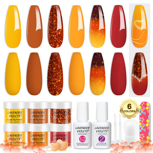 Lavender Violets 12Pcs Dip Powder Nail Kit Starter - 6 Colors Yellow Orange Color Changing Dipping Powder Liquid Set with Base & Top Coat Activator for Nail Art Manicure M206