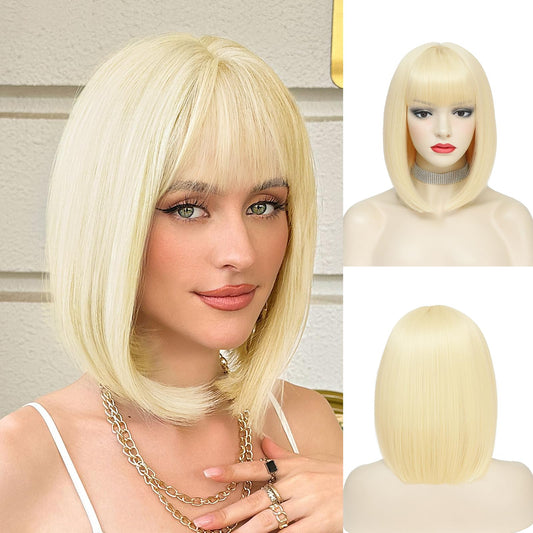 NAYOO Short Blonde Wig with Bangs, 12 Inch Platinum Blonde Bob Wig With Bangs for Women, Colorful Cosplay Wig Straight Short Bob Wig Natural Looking Synthetic Wig for Daily, Party, Halloween