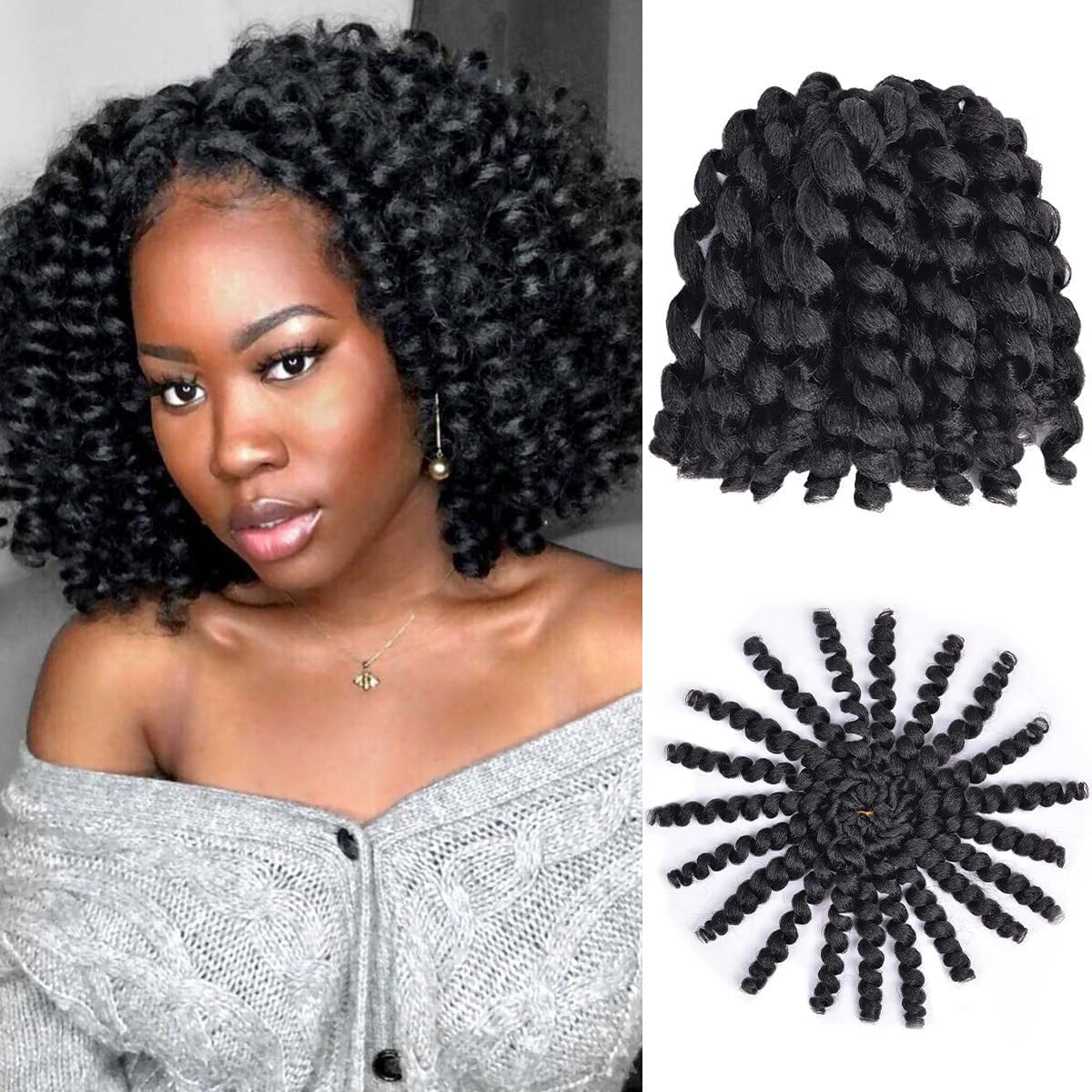 Wand Curl Crochet Hair Extensions, 8 Inch Jamaican Crochet Hair 3Packs Jamaican Bounce Crochet Hair #1B Black 80g/Pcs Ringlet Twist Hair Extensions Curly Crochet Hair (3Pcs,1B)