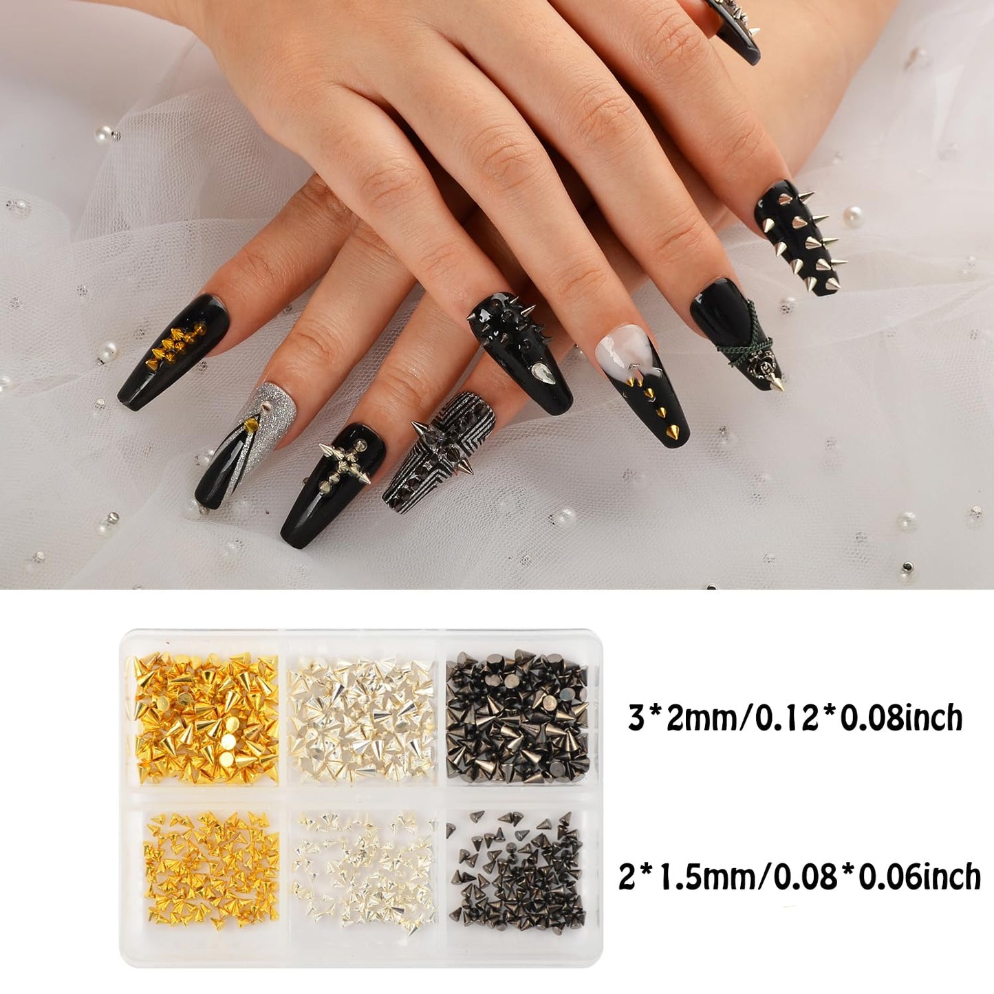 600pcs Cone Metallic Nail Studs Nail Art Punk Cone Rivets Black Gold Sliver Cone Spike Studs Tiny Stick Spike Studs Nail Art Decoration for Nails Craft