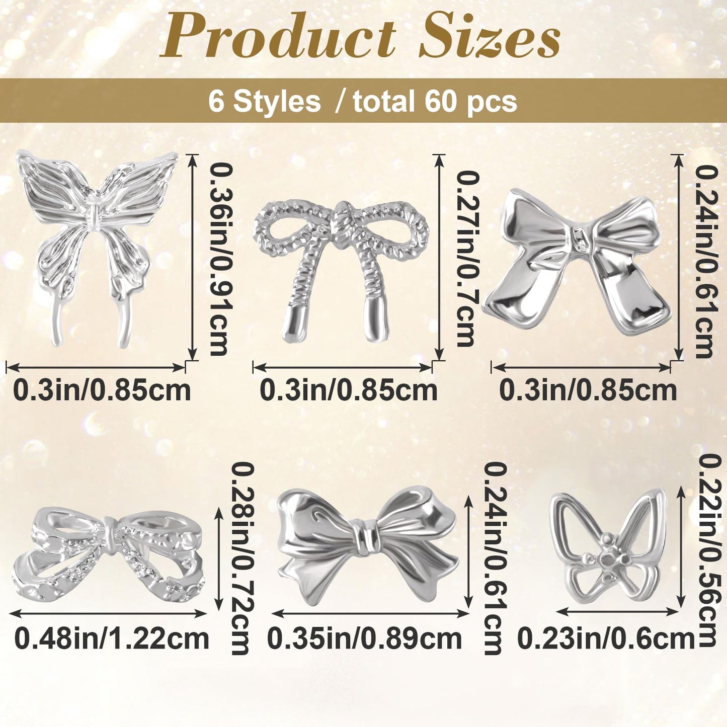 HINZIC 60PCS Bow Nail Charm 3D Silver Nail Bows 6 Styles Mini Alloy Bowknot Diamonds Butterfly Gems Wedding Prom Crystal Rhinestones Decoration for Women Girls Crafts DIY