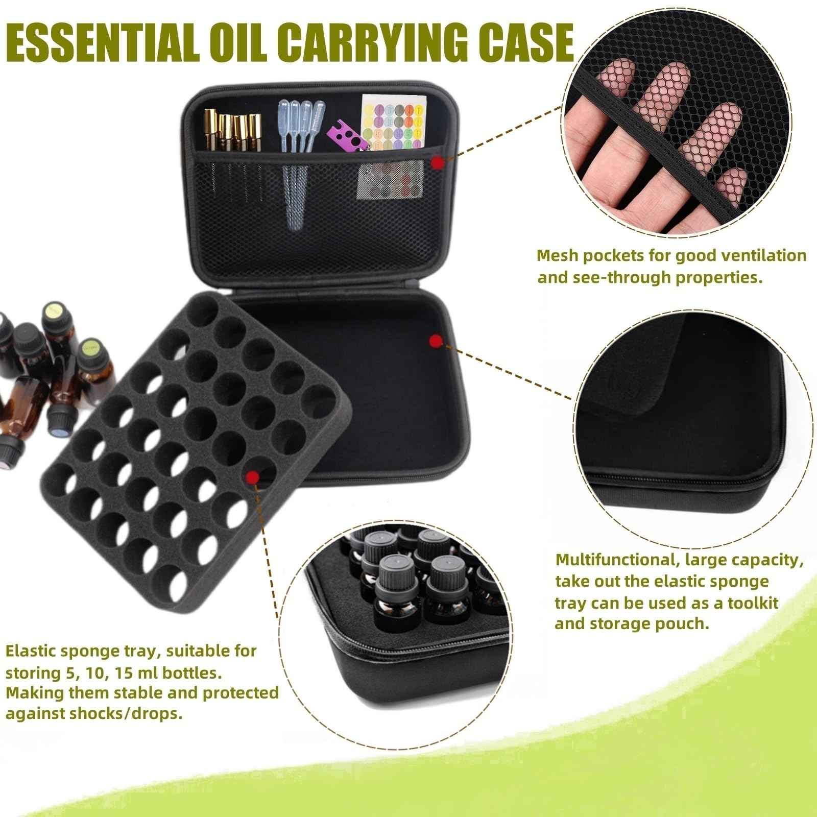 BLIRITEL EVA Essential Oils Organizer, 30 Bottles Hard Shell Essential Oil Storage Carrying Case, Essential Oils Boxes Holds 30 Bottles with 5ml,10ml,15ml (Black)