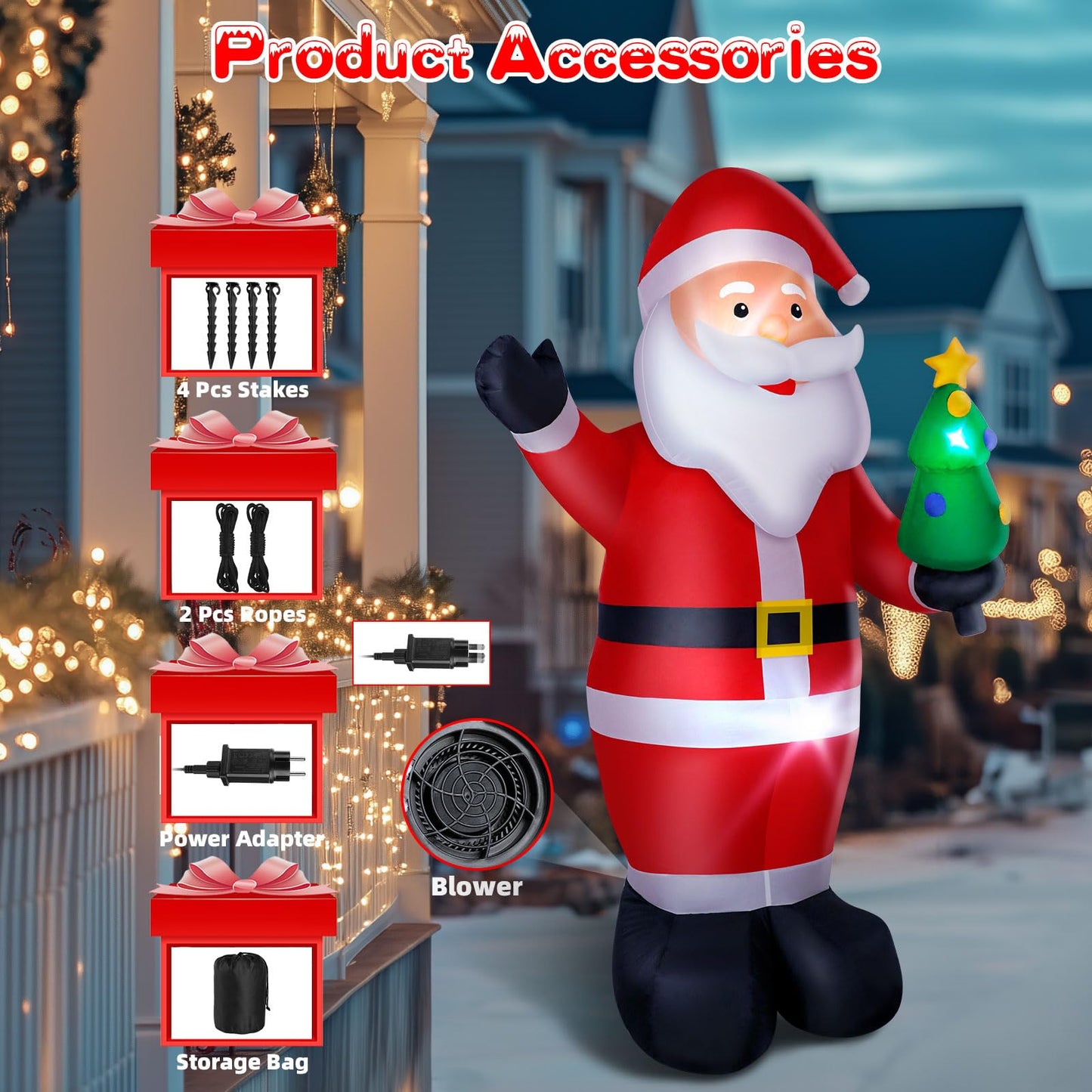 Dawdix 8FT Christmas Inflatable Santa Outdoor Decoration, Blow up Santa Claus Holding Xmas Tree Yard Decoration Built-in LED Lights, Large Inflatable Santa Decor for Xmas Holiday Garden Lawn Patio