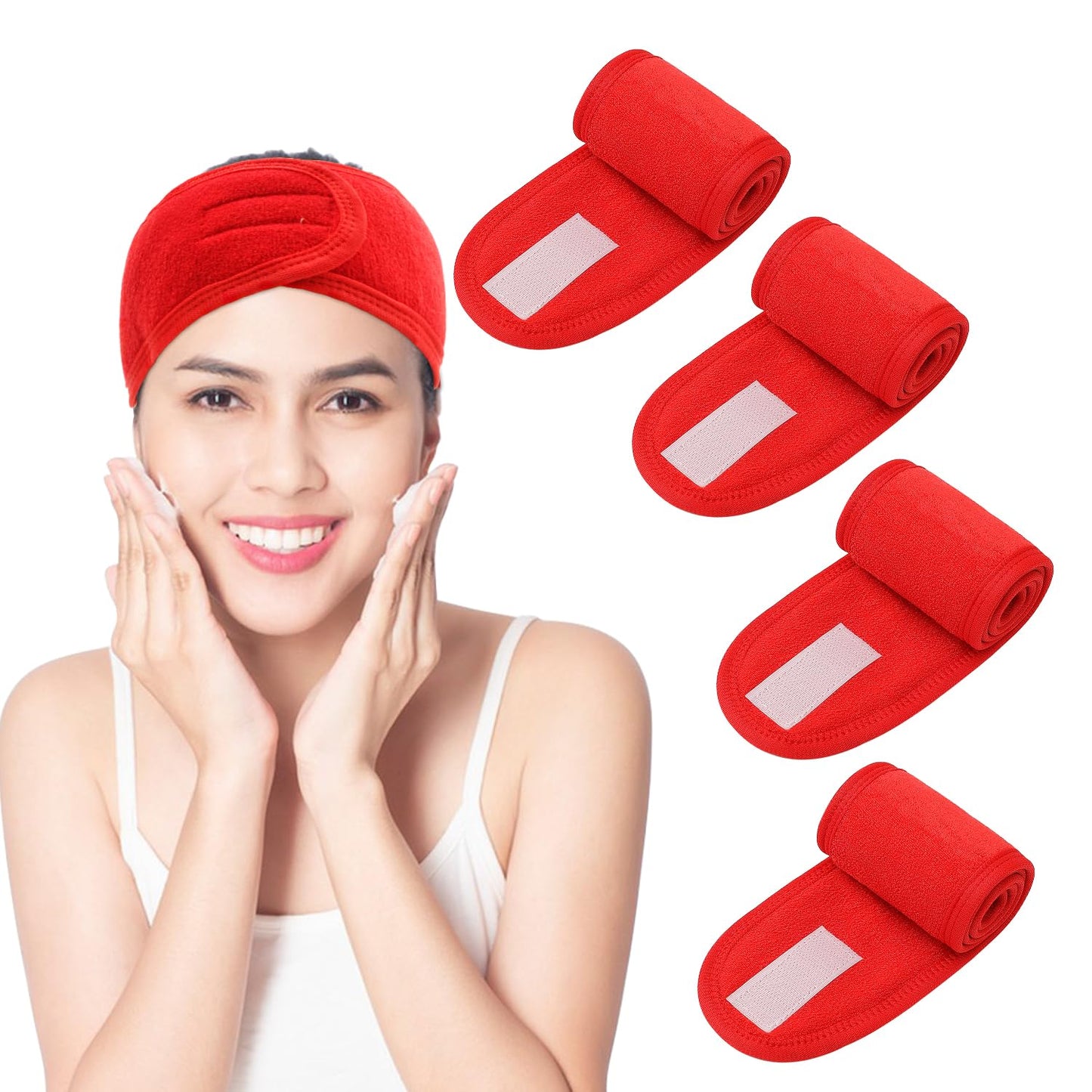 BOQITING 4Pcs Spa Facial Headband Adjustable Soft Head Terry Cloth Headband Makeup Headbands for Shower Facial Mask Face Washing Sports Yoga With Magic Tape Terry （Red）