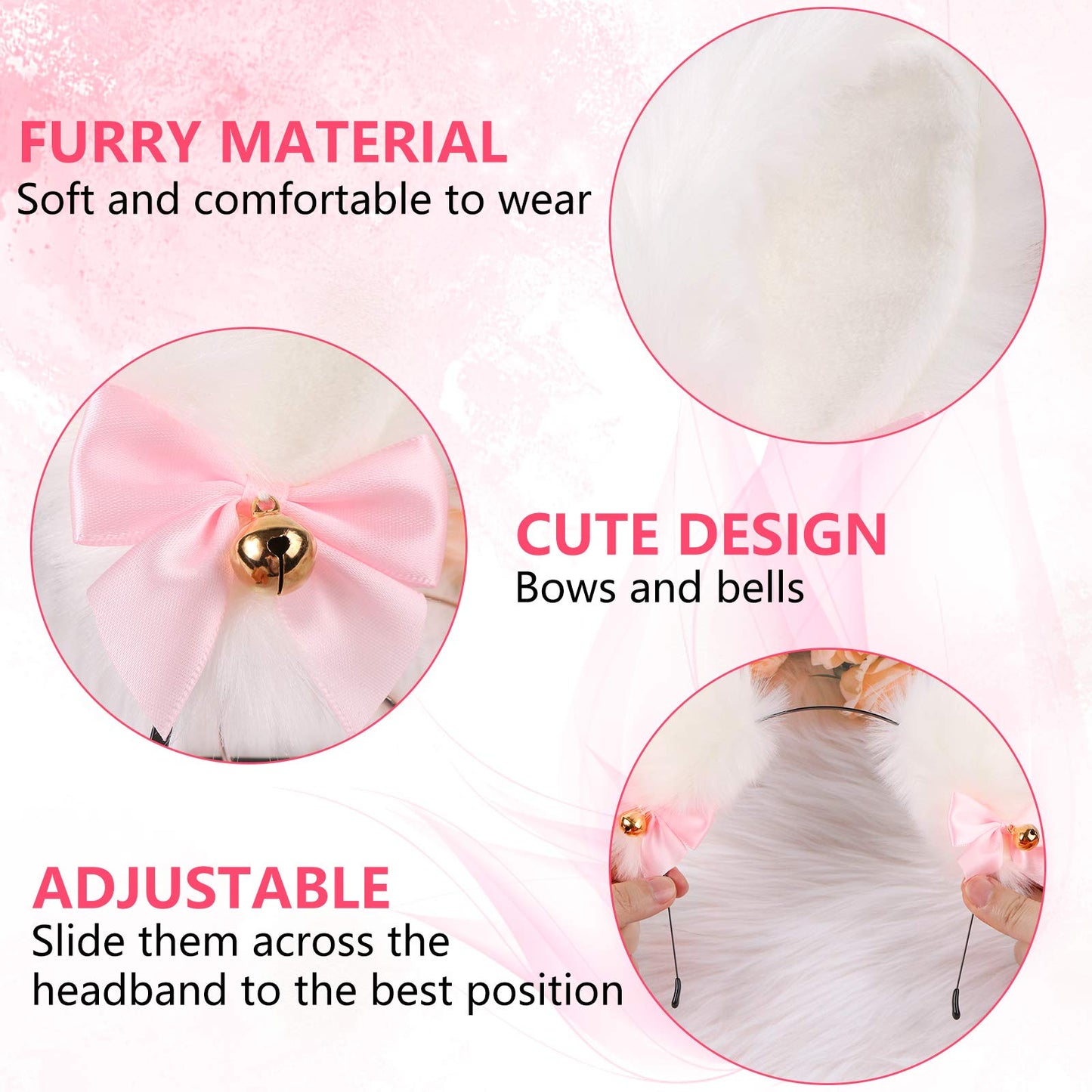 Faux Furry Anime Faux Fur Fox Ear Headband with Bells, Plush Cosplay Neko Hairband for Halloween Costume Party Fancy Dress (White-Inner White)