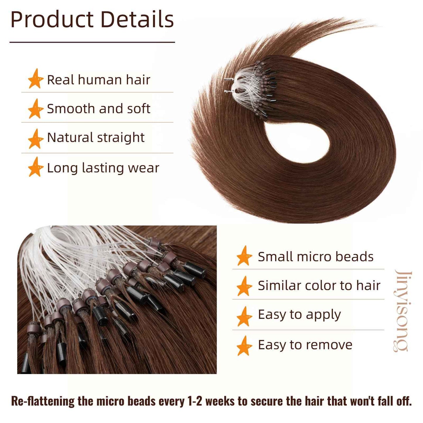 Microlink Hair Extensions Human Hair Brown Bead Hair Micro Beads Hair Extensions 16" Remy Hair Extension 1g/s 50g #4 Micro Loop Hair Extension for Women