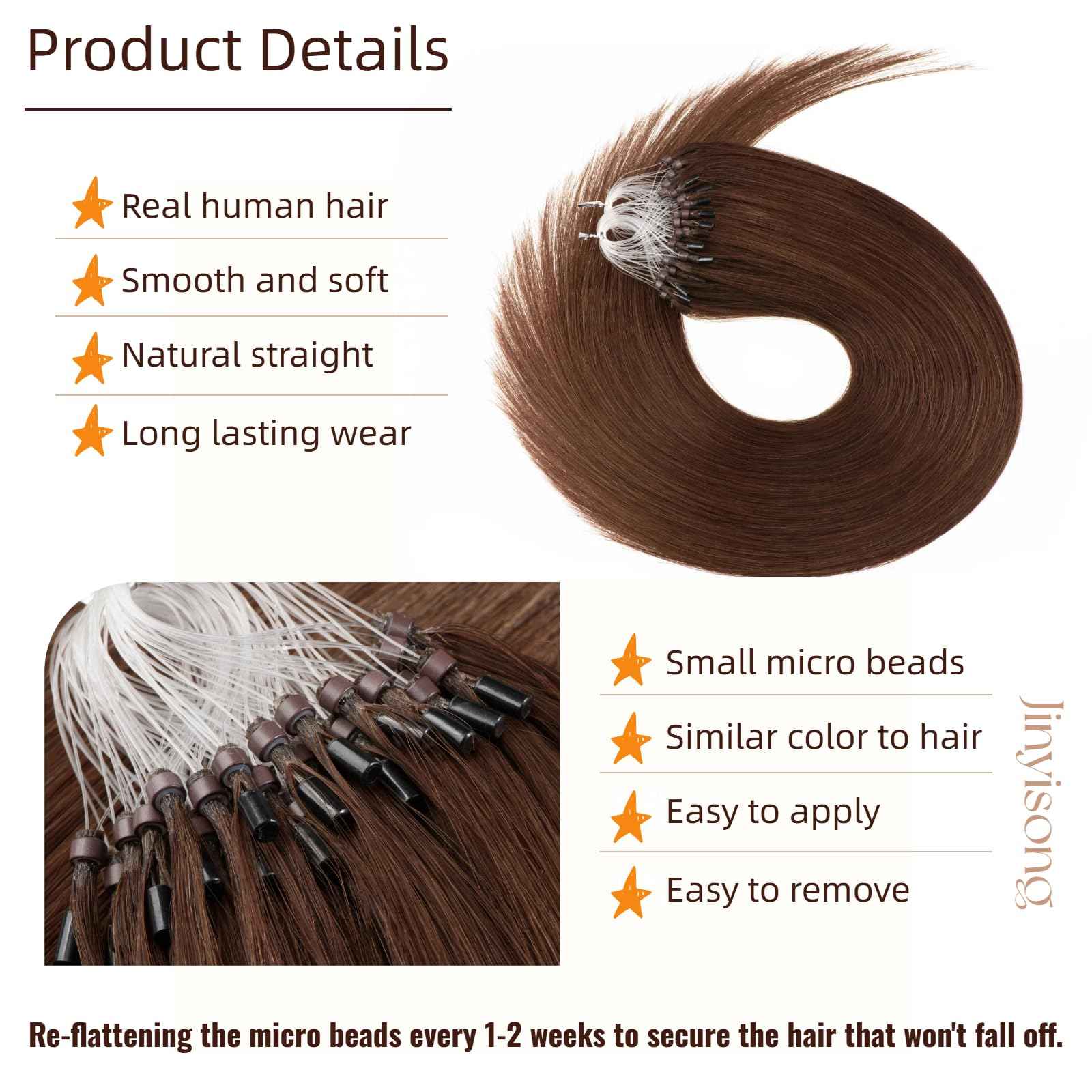Microlink Hair Extensions Human Hair Brown Bead Hair Micro Beads Hair Extensions 16" Remy Hair Extension 1g/s 50g #4 Micro Loop Hair Extension for Women