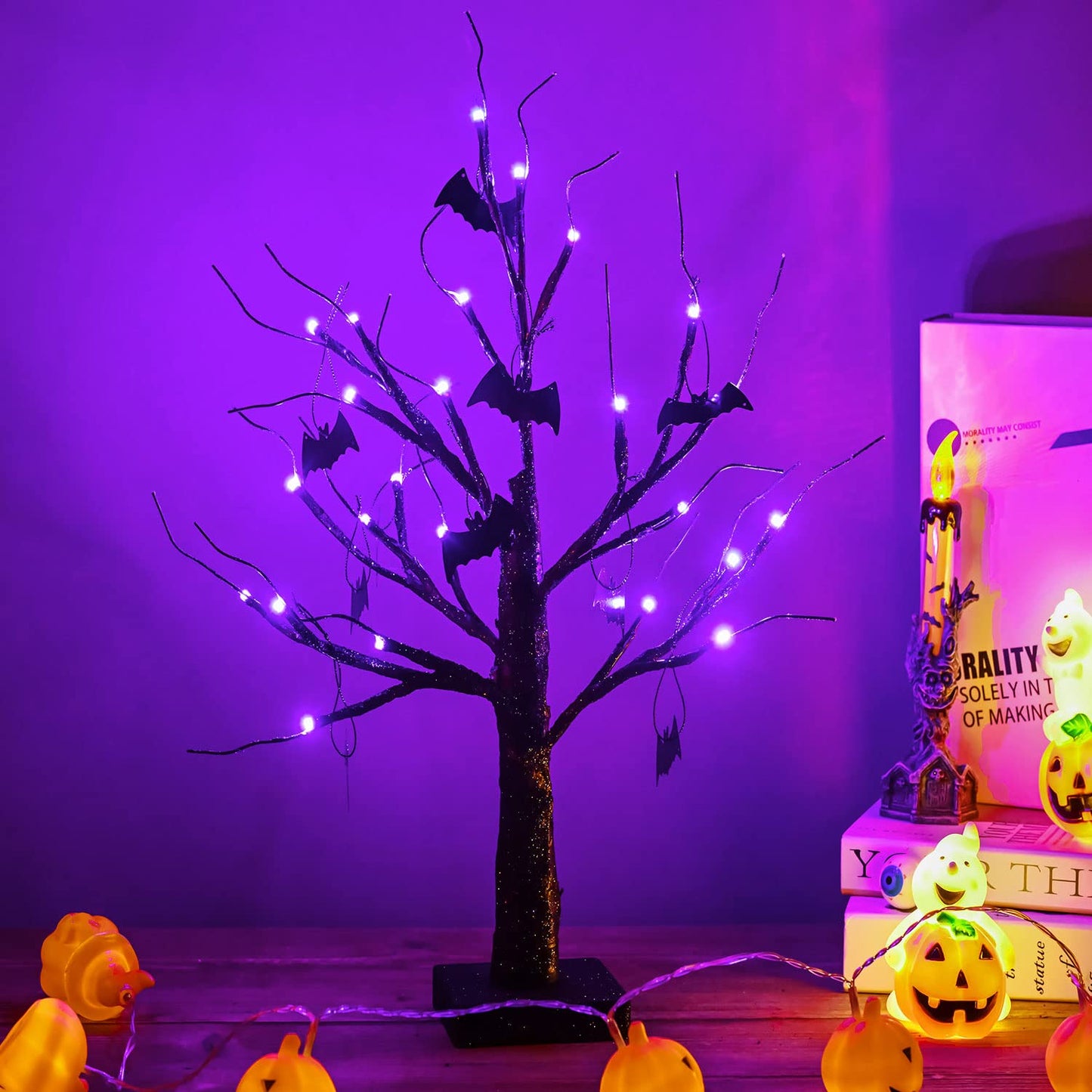 ZHOUDUIDUI 2Pack Halloween Tree, Black Spooky Tree with 24LED Purple Lights and 10 Bat Ornaments Battery Powered 18IN Lighted Halloween Bonsai Tree for Indoor Tabletop Halloween Party Decoration