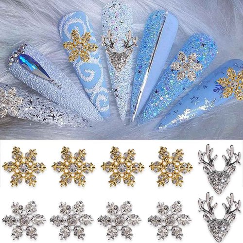 12Pcs Christmas Nail Charms 3D Alloy Snowflake Charm Gems Rhinestones Shiny Designs Silver Gold Jewelry for Women Girls Acrylic Manicure Decorations Supplies