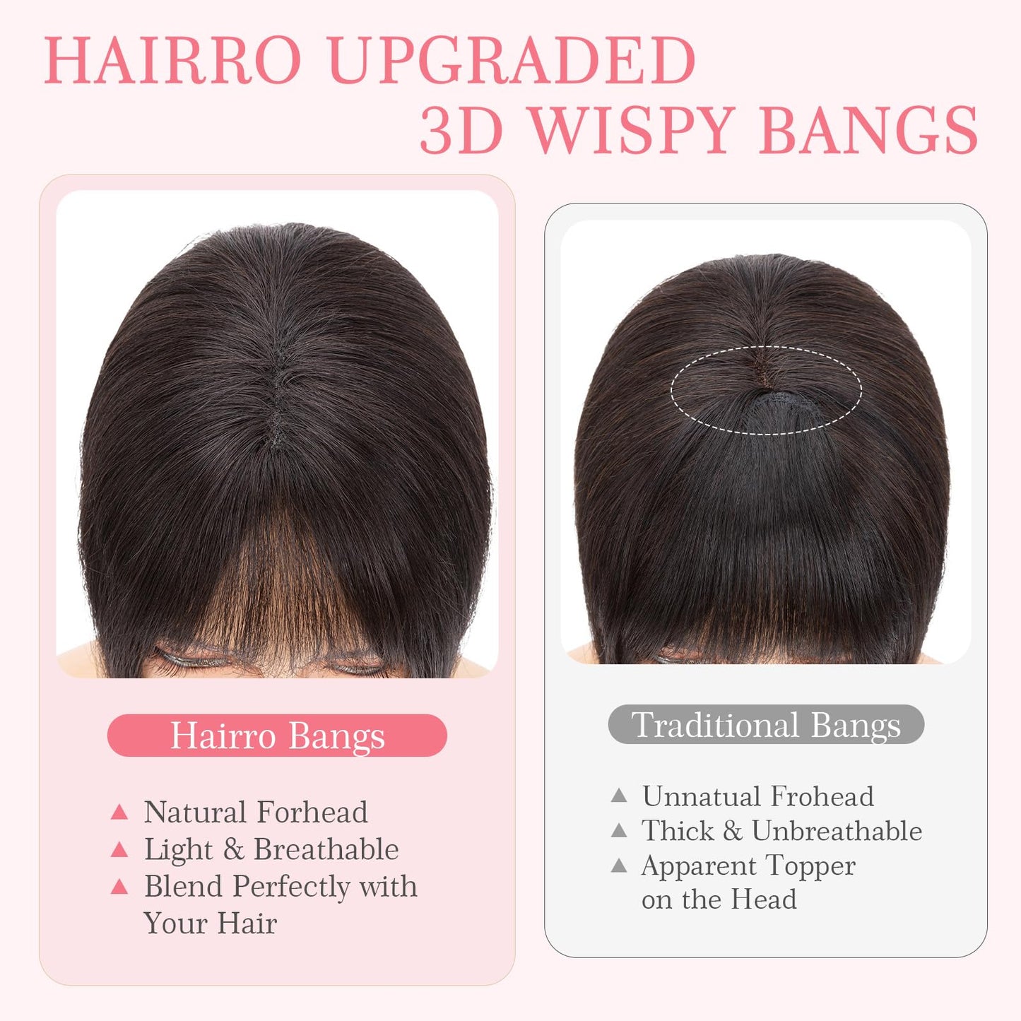 Hairro Clip in Bangs 100% Real Human Hair, Wispy Bangs 360° Cover 3D Clip on Hair for Women, Fake Bangs Air Bangs for Daily Wear Hairpieces Hair Extensions, 8 Inch Black