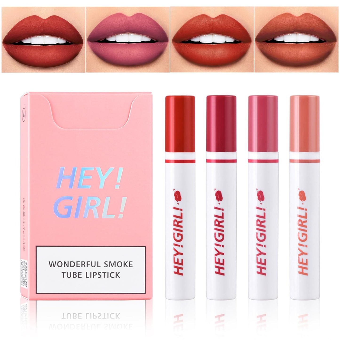 Charm Kiss 4Pcs Matte Cigarette Lipstick Set,Moisturizer Smooth Lip Stick,Tube Cigarette Lipstick,Velvet Long Lasting Waterproof Matte Lipstick Tube Sexy Nude Red Lips Tint Makeup Lipstick