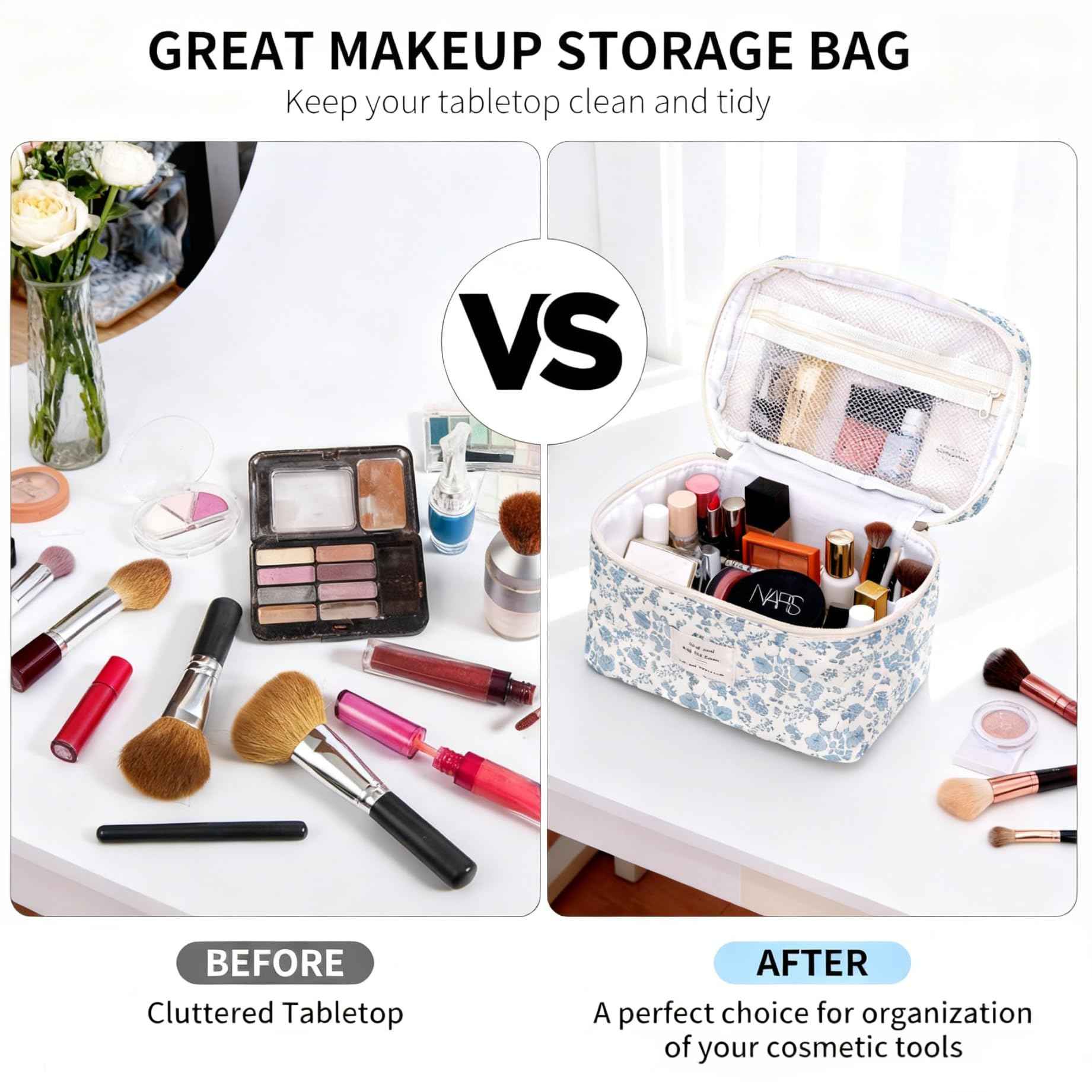 PGAXM 3PCS Makeup Bag,Quilted Cosmetic Bag,Large Floral Makeup Bag for Women,Cute Cotton Cosmetic Bag Set,Travel Toiletry Bag For Women