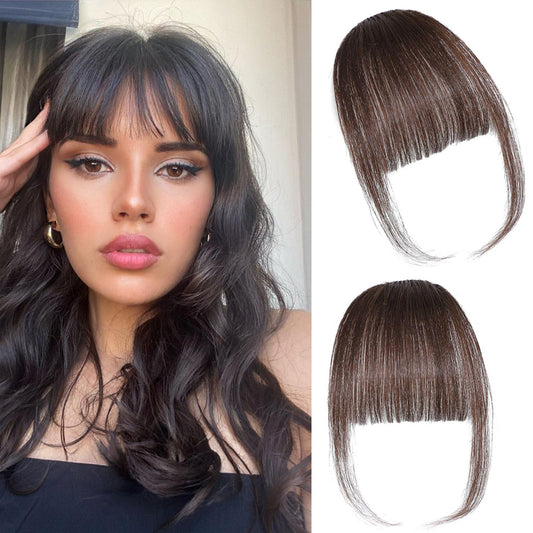 Clip in Bangs 100% Real Human Hair Extensions Wispy Dark Brown Fake Bangs Hair Clip on bangs for women Fringe with Temples Hairpieces Faux Bangs for Daily Wear