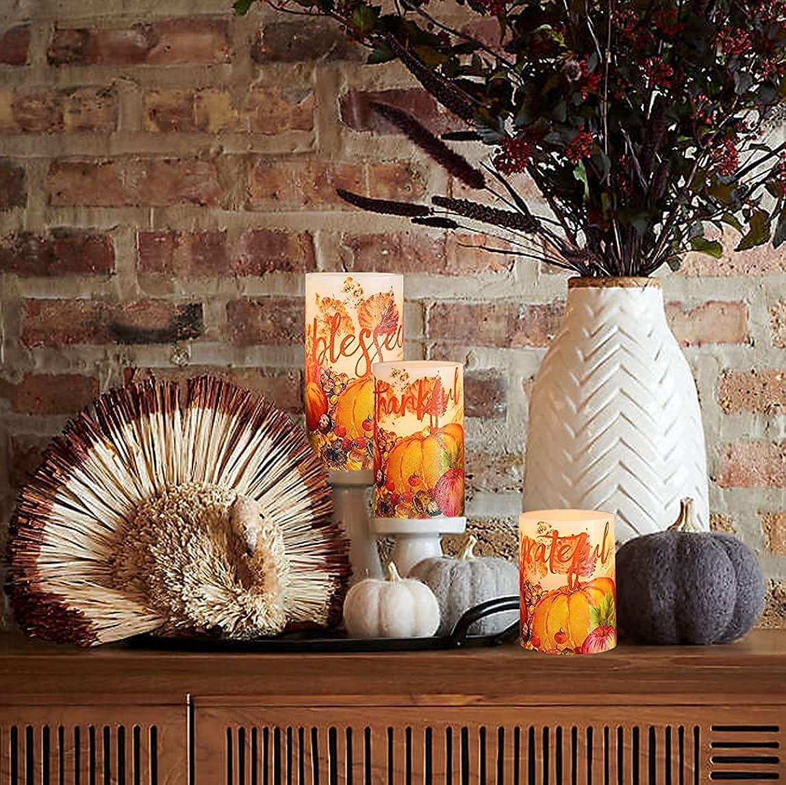 REVELBUNNY Thanksgiving Flameless Candles Maple Leaf Pumpkin LED Candles with Remote Timer Battery Operated Pillar Candle for Thanksgiving Autumn Harvest Halloween Party Decorations - Set of 3