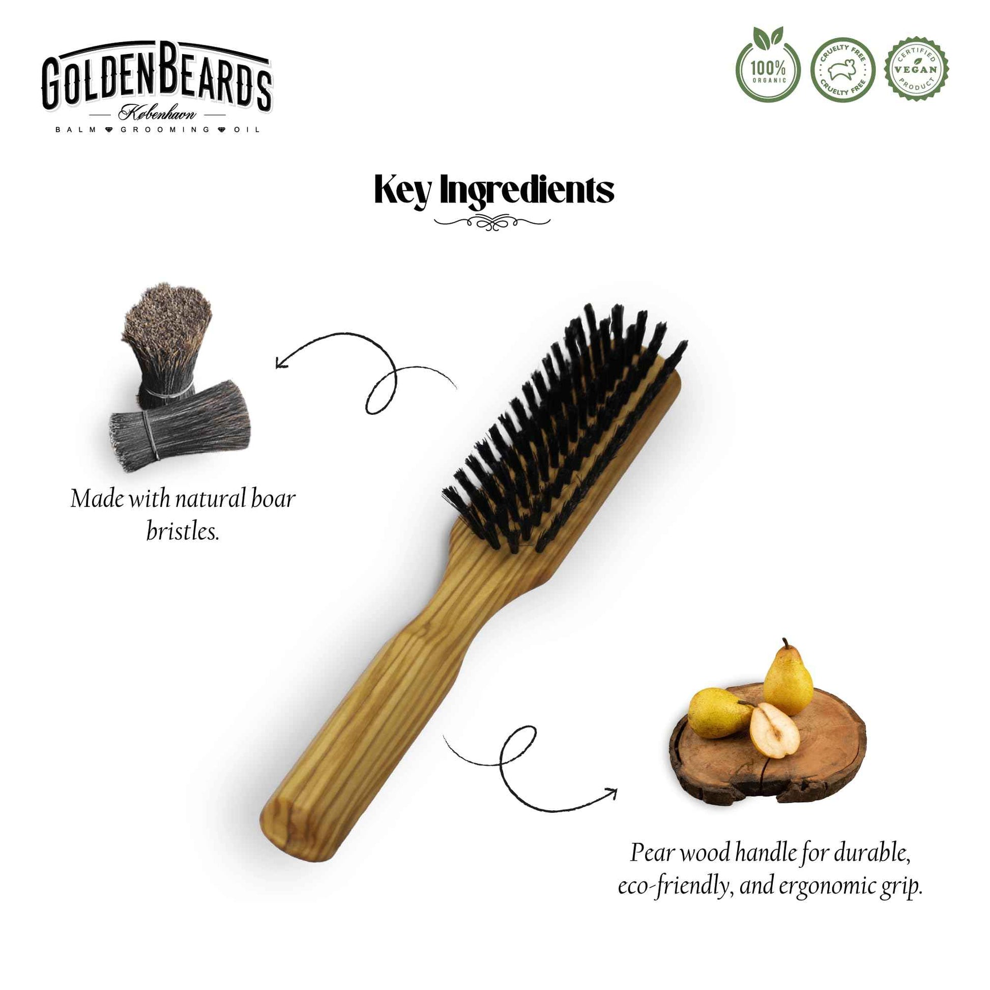 Golden Beards Big Beard Brush – Pear Wood Handle & Natural Boar Bristles – Large Beard Grooming Brush for Thick, Long Beards – Handmade, Vegan & Cruelty-Free