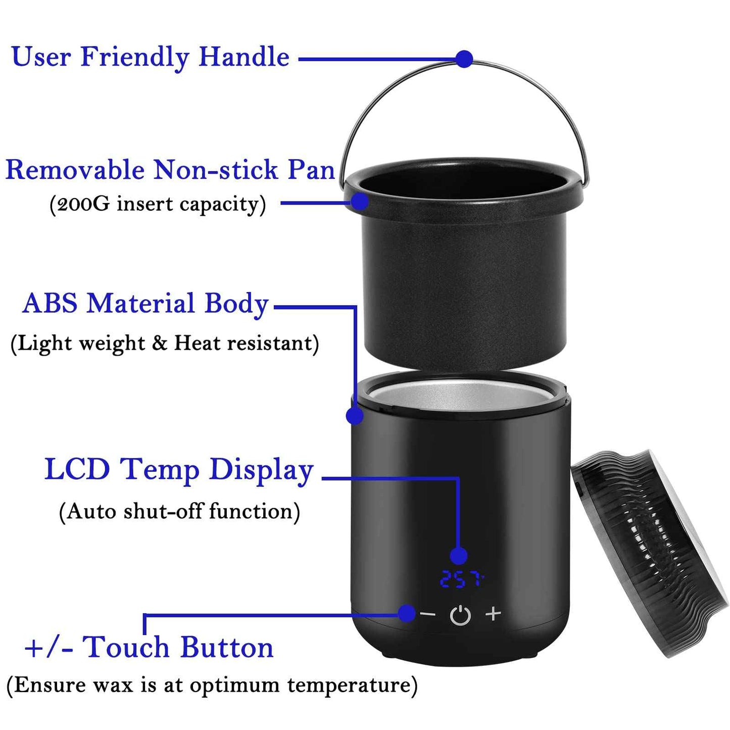Podoy Mini Wax Pot Warmer for Hair Removal, Small Portable Travel Wax Melt Heater Machine Digital Display for SPA Salon Brow Body Nose Upper Lip Hair Waxing with 100 Waxing Sticks