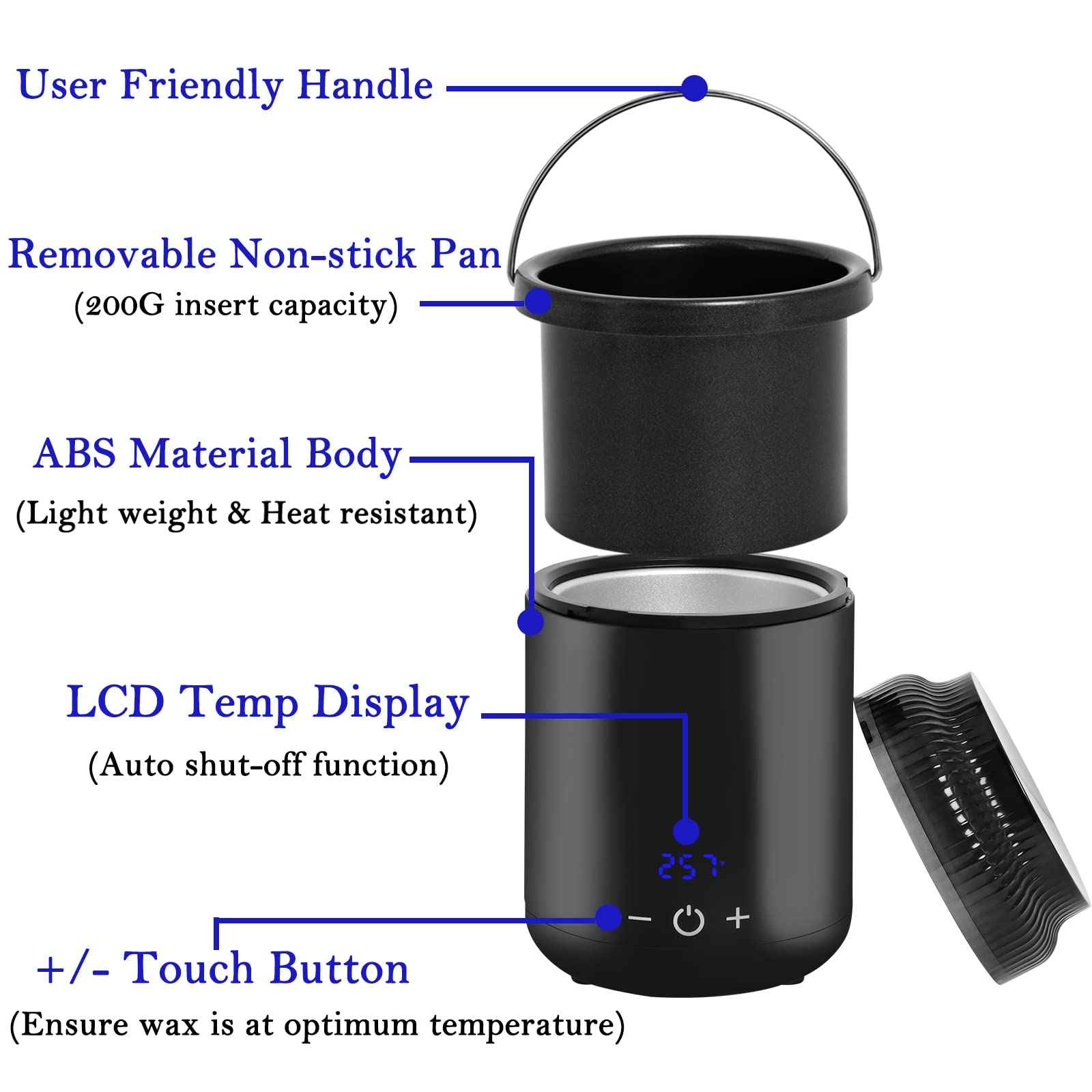 Podoy Mini Wax Pot Warmer for Hair Removal, Small Portable Travel Wax Melt Heater Machine Digital Display for SPA Salon Brow Body Nose Upper Lip Hair Waxing with 100 Waxing Sticks
