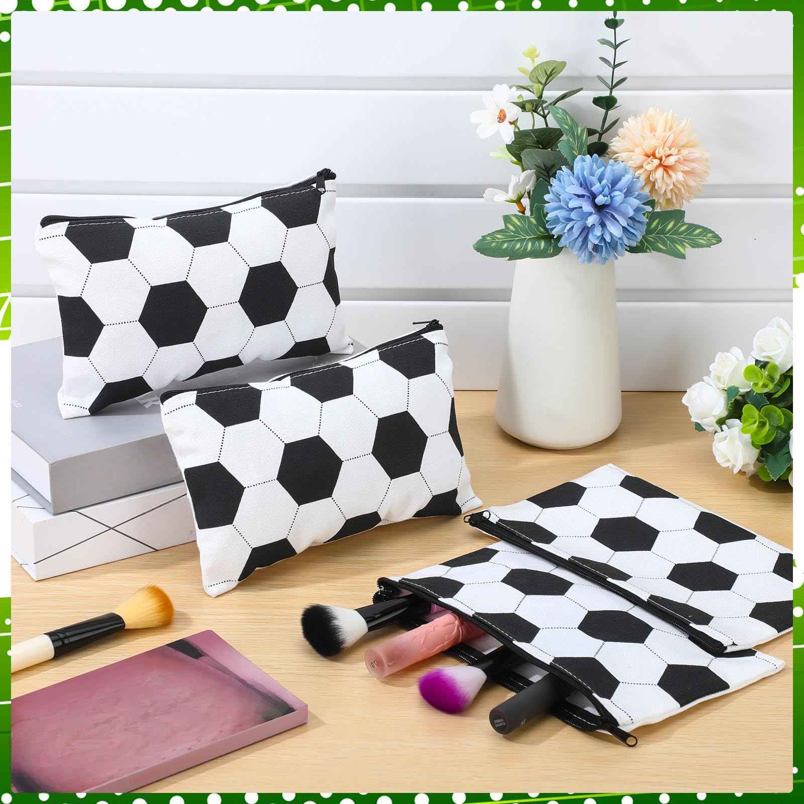 Sweetude 24 Pcs Soccer Sport Makeup Bag Cosmetic Bags Black and White Soccer Gift for Player Party Favor Bags with Zipper Travel Portable Storage Organizer for Women