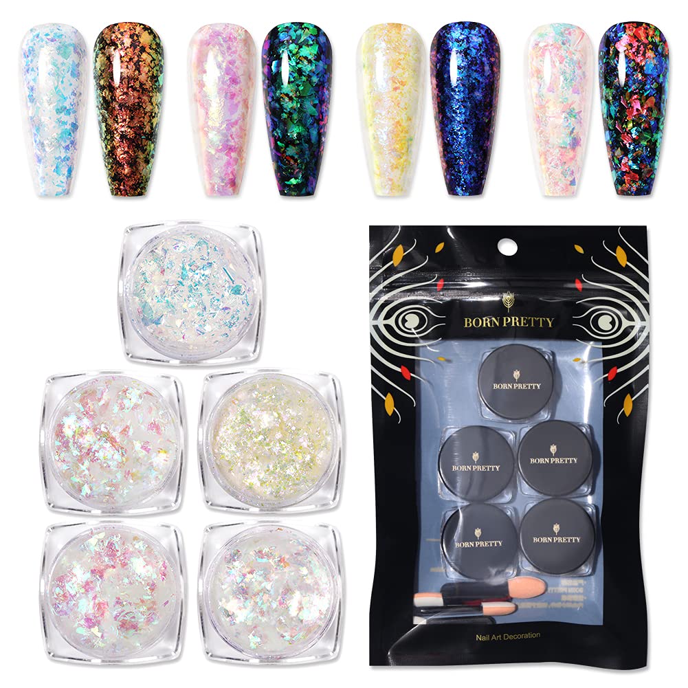 Born Pretty Nail Confetti Powder Chameleon Flakes Paillette Chrome Nail Powder Irregular Nail Art Glitter Sequins Flakes 5 Jars