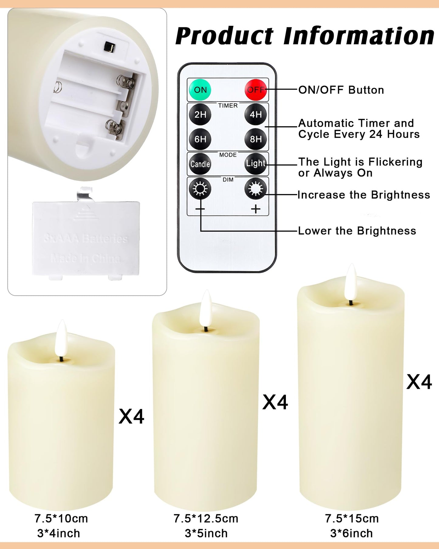 Baquler 12 Pack Flickering Flameless Candles Set Battery Operated LED Candles with Remote and Timer Flat Top Flameless Candles Pillar Candles for Wedding Birthday Party Decor D 3" H 4" 5" 6"