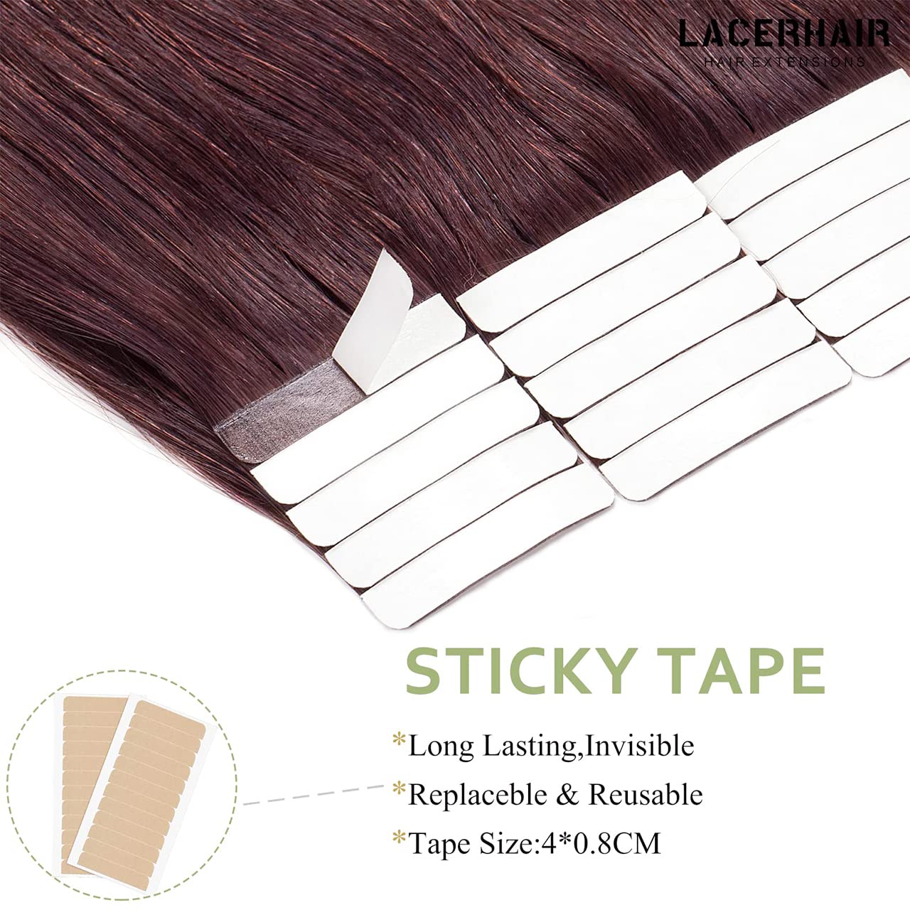 Lacer Natural Human Hair Tape in Extensions Invisible Double Sided Straight Red Wine Burgundy #99J Glue In Hair Extensions Human Hair 50g 20pcs 18 Inch