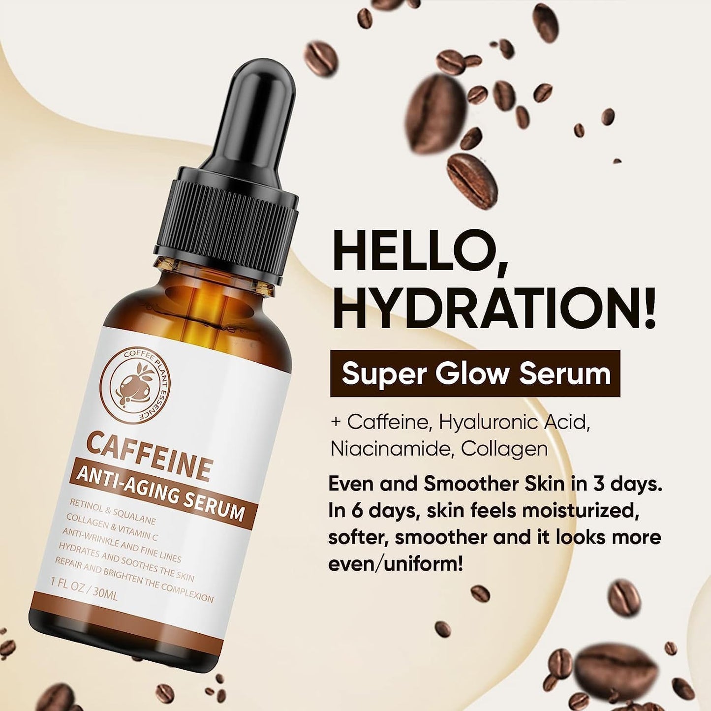 Caffeine Face Serum & Under Eye Serum, Anti-Aging Face Serum with Vitamin C, Collagen, Hyaluronic Acid, Firming & Hydrating & Brightening Face Serum Reduce Wrinkles, Fine Lines and Dark Spot - 30ml