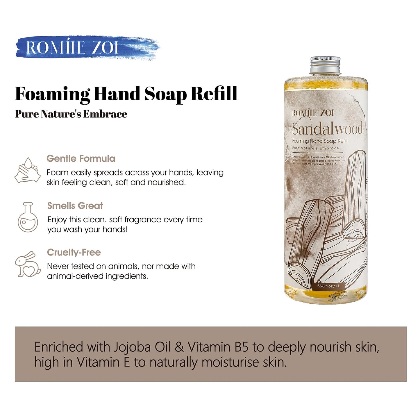 ROMIIE ZOI Foaming Hand Soap Refill, Sandalwood, Gentle & Moisturizing Formula, 1 L/ 33.8 FL OZ(Pack of 3)