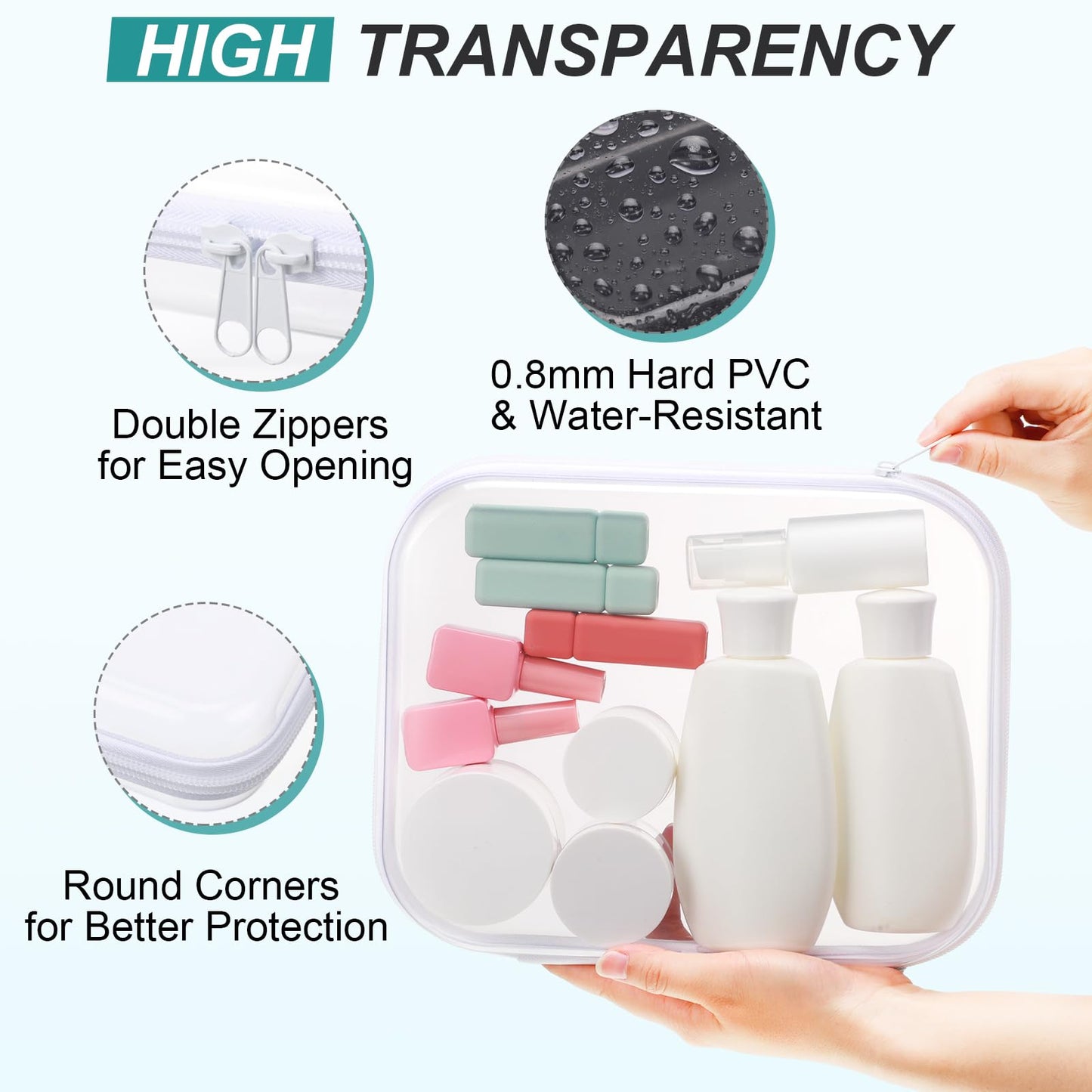 Hoolerry 3 Pcs Clear Hard Zipper Case Hard Plastic Pouch Transparent Hard Case Zipper Case Clear Makeup Bag Portable Travel Organizer Bin for Cosmetics, Building Blocks, Puzzles (Clear,M)