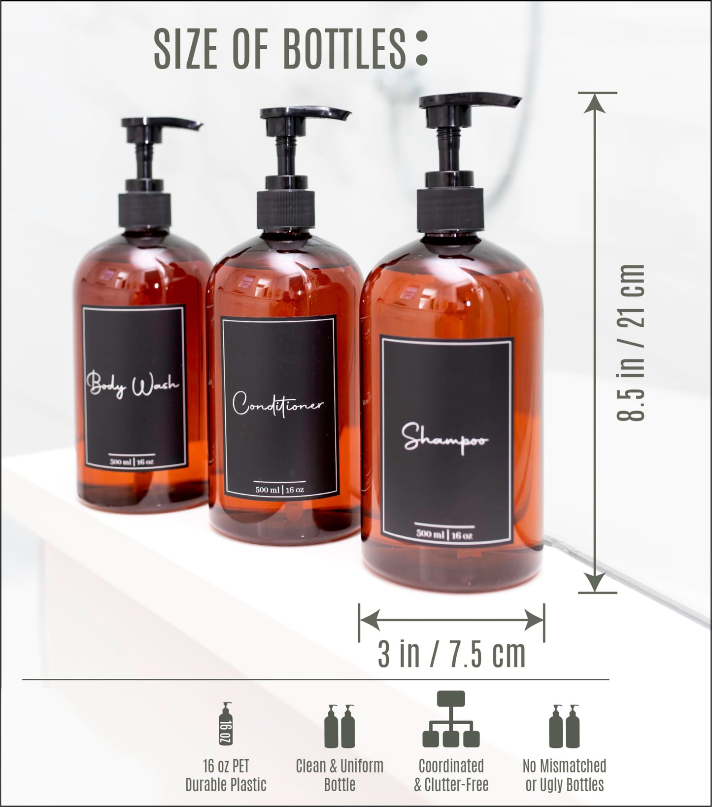 Alora 5-in-1 Apothecary Bottles for Home & Commercial Use - 16oz Elegant 8.5x3in Refillable Amber Shampoo Storage, Handwash, Massage Oils - Includes 24 Waterproof Labels, Bonus 2CC Pump & Funnel