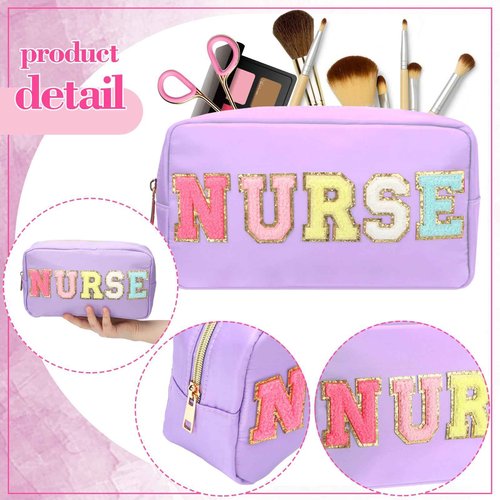 Cosblank 4 Pcs Nurse Makeup Bag Chenille Letter Nylon Cosmetic Bag Makeup Bag Toiletry Cosmetic Case Nurse Bag with Zipper Stuff Bag Cosmetic Pouch Makeup Pouch for CNA IPN RN Nurse Week