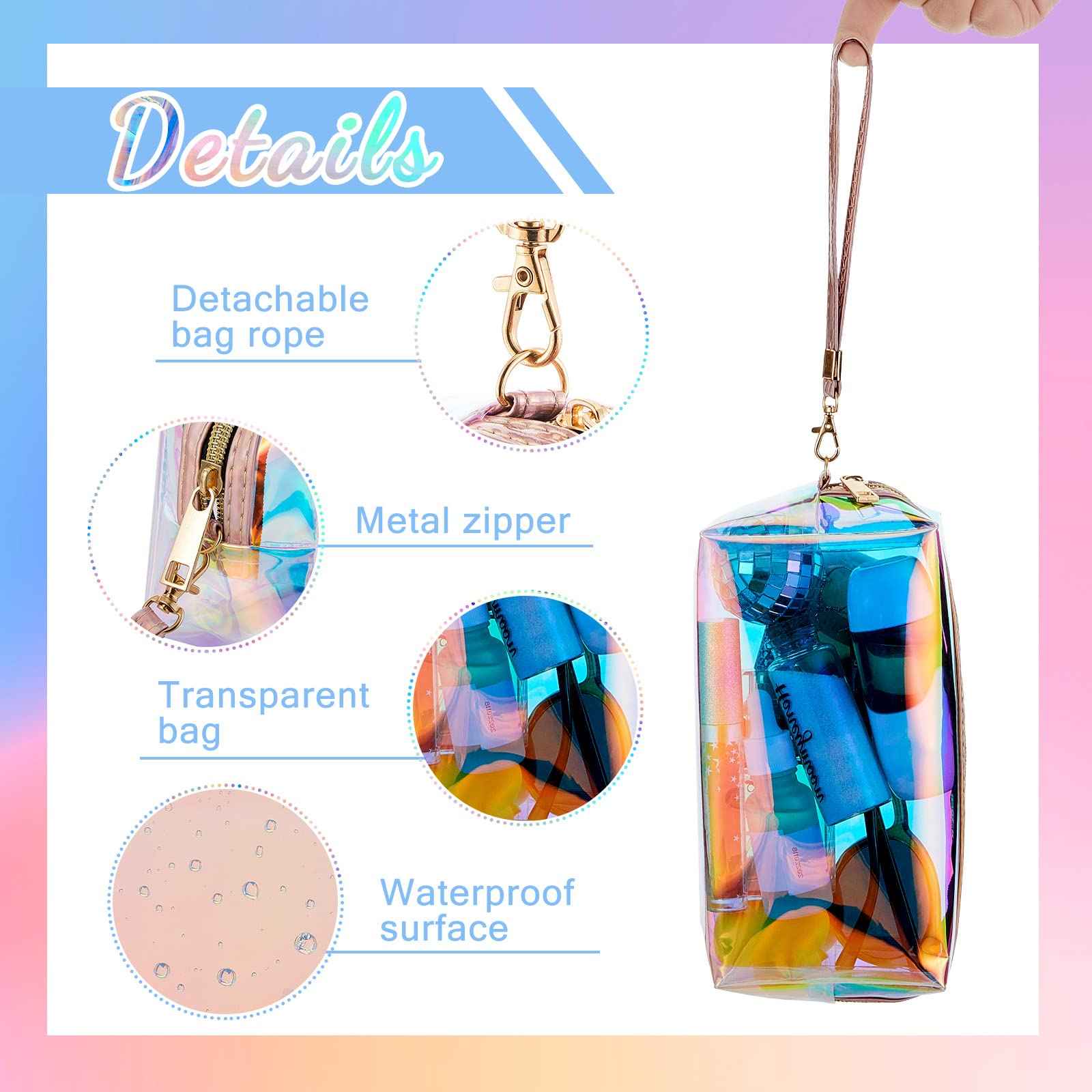 Dunzy 8 Pcs Holographic Iridescent Clear Makeup Bags with Zipper Travel Cosmetic Pouches with Wrist Loop Waterproof Toiletry Organizer Case Home Office Beach Pouch Purse Diaper Vacation Gift Bag(M)