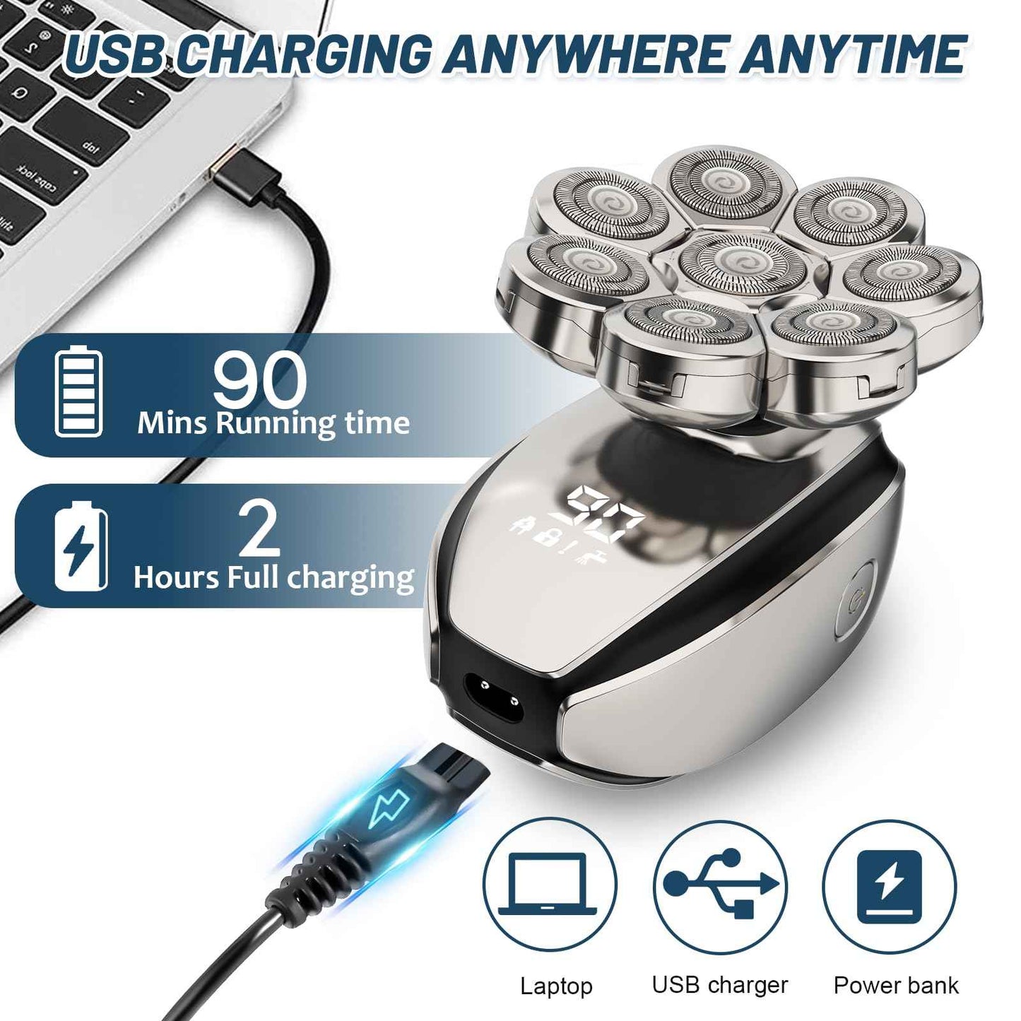 Electric Head Shavers for Men：- 6 in 1 Head Shavers for Bald Men, IPX6 Waterproof Men's 8D Electric Head Razor, Wet&Dry Rotary Shaver Grooming Kit with Nose Beard Trimmer Hair Clipper