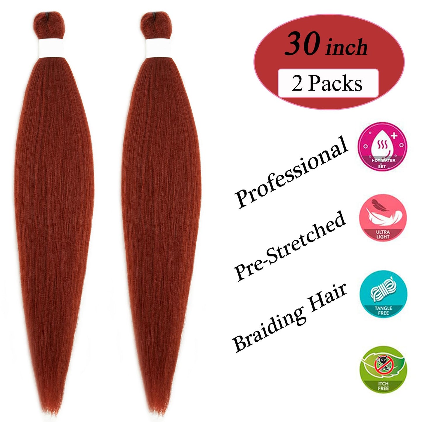 350 Ginger Braiding Hair Pre Stretched Kanekalo Braiding Hair Extensions for Braiding Box Braids Prestretched Braiding Hair 26 inch 2 Packs Natural as Human Braiding Hair Knotless Micro Braids