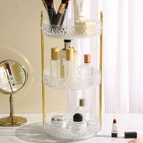 Fangoo 3 Tiers Clear Rotating Makeup Organizer for Vanity, 360 Spinning Skincare Organizers for Dresser Perfume Holder Large Skincare Make Up Storage Cosmetic Organizer for Bathroom Countertop