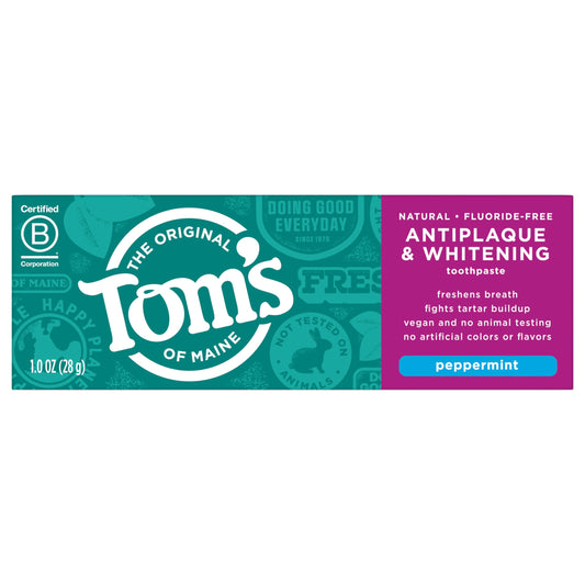 Tom's of Maine Fluoride-Free Antiplaque & Whitening Toothpaste, Travel Size, Peppermint, 1 oz. 12-Pack