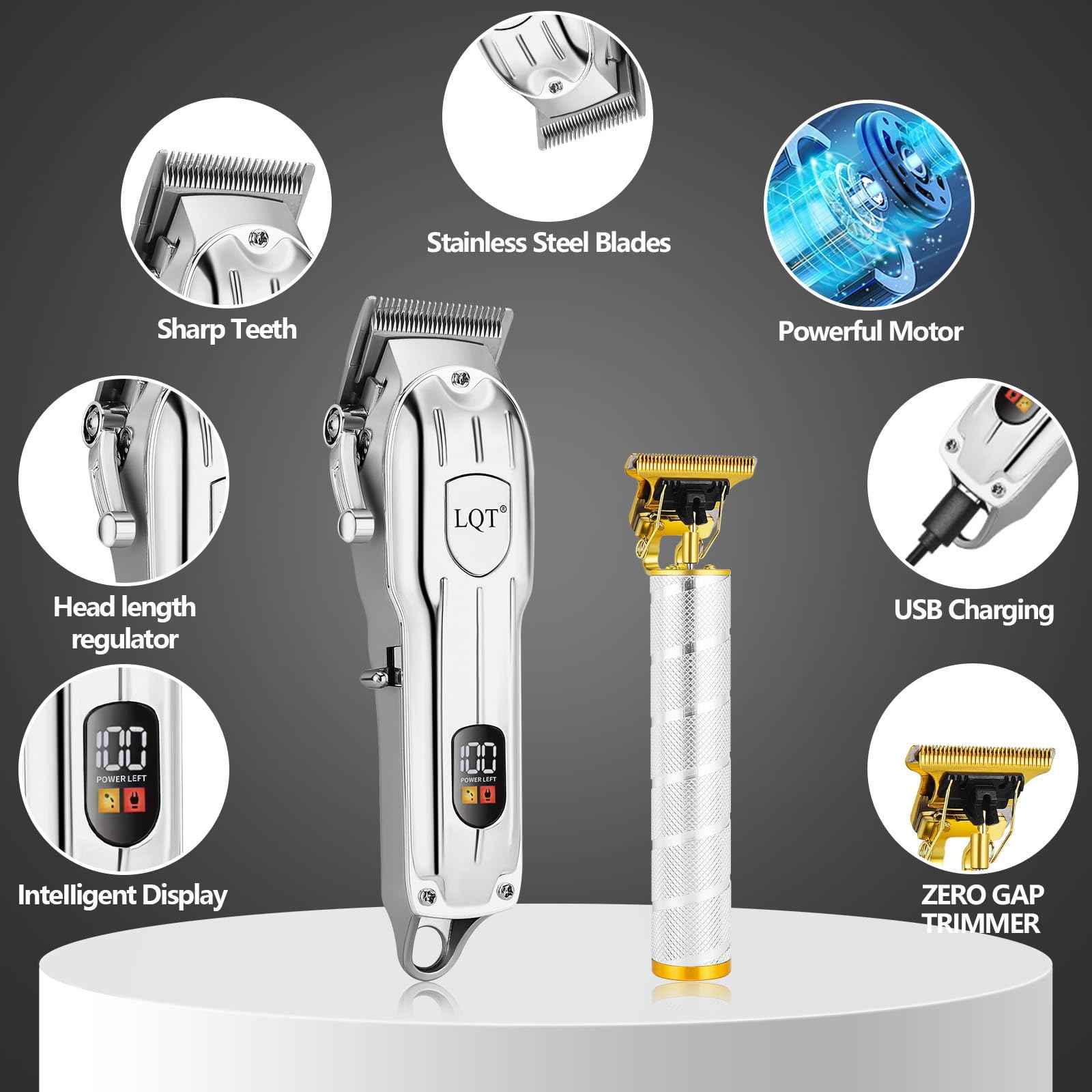 LQT Professional Hair Clipper Set, Gold, LED Display, with Trimmer, 8 Guide Combs, Barber Shaver Set, with Travel Case and Haircut Cape (Silver)
