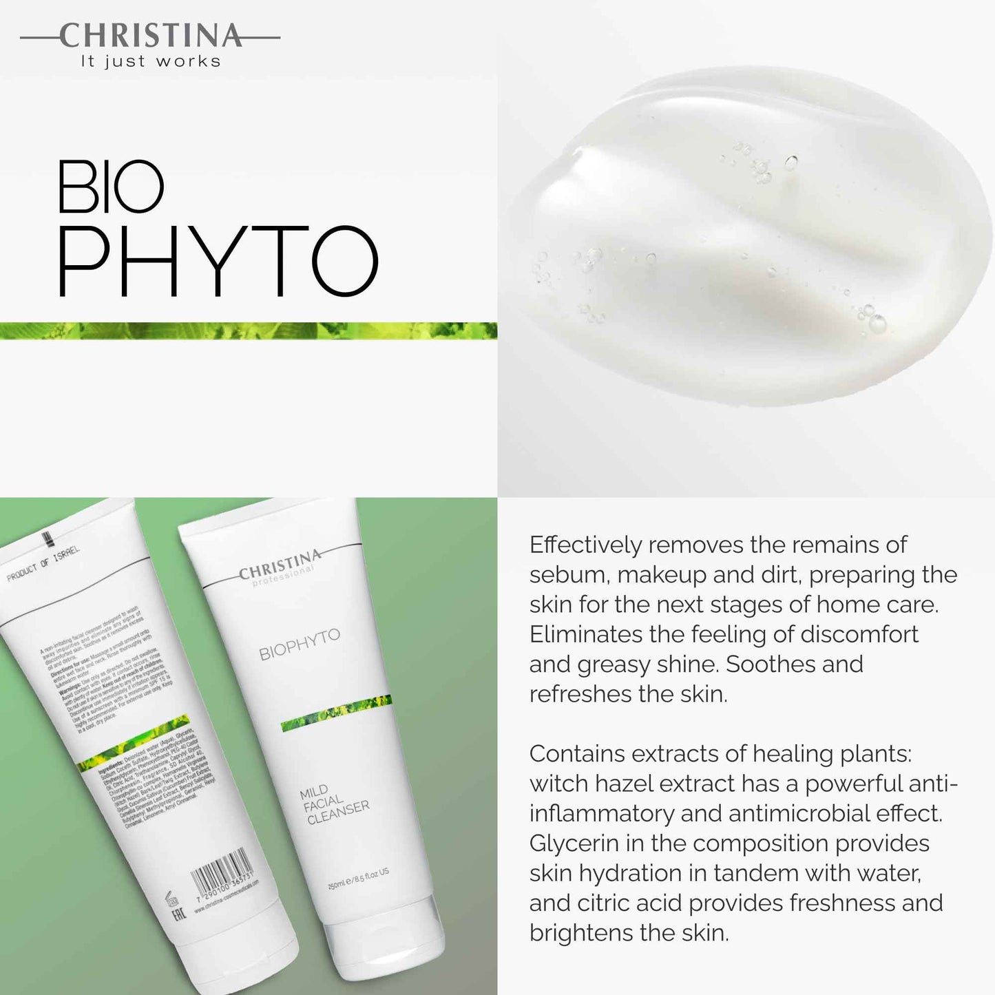 -CHRISTINA- Biophyto Mild Facial Cleanser with Green Tea and Cucumber Extracts - 250 ml - Soapless Gentle Face Wash and Daily Facial Cleanser for All Skin Types