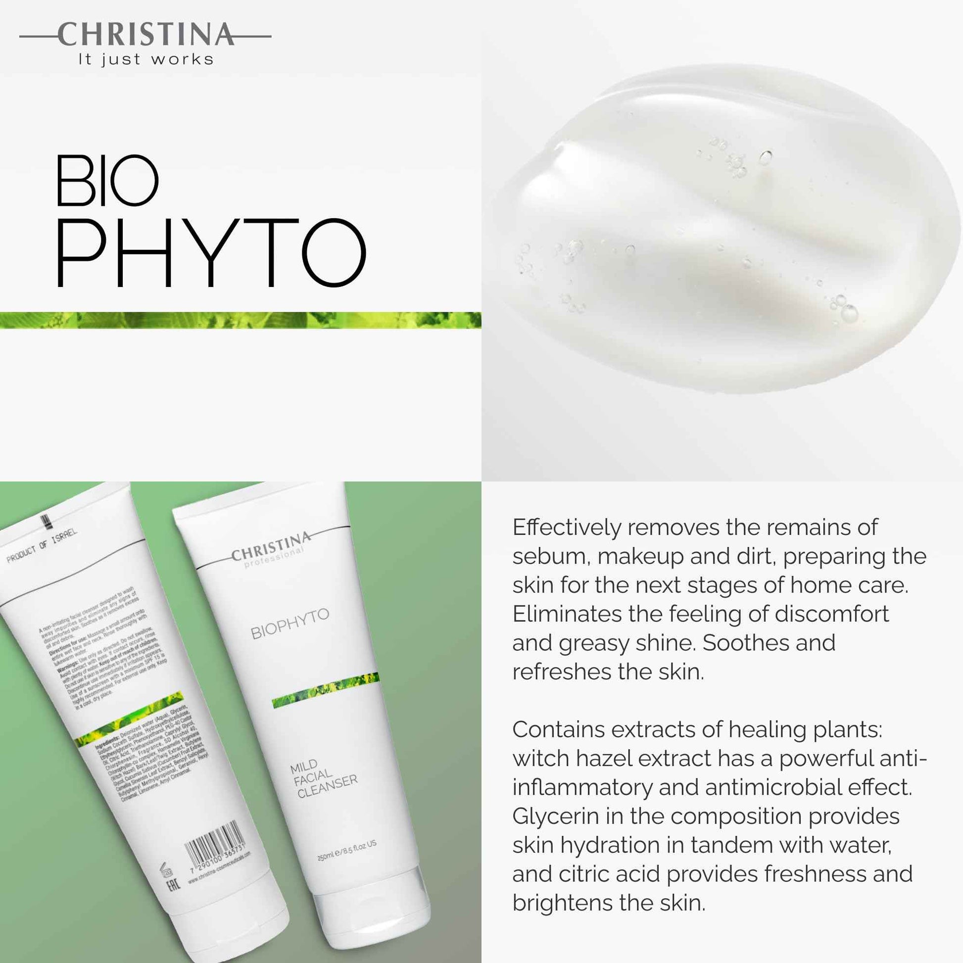 -CHRISTINA- Biophyto Mild Facial Cleanser with Green Tea and Cucumber Extracts - 250 ml - Soapless Gentle Face Wash and Daily Facial Cleanser for All Skin Types